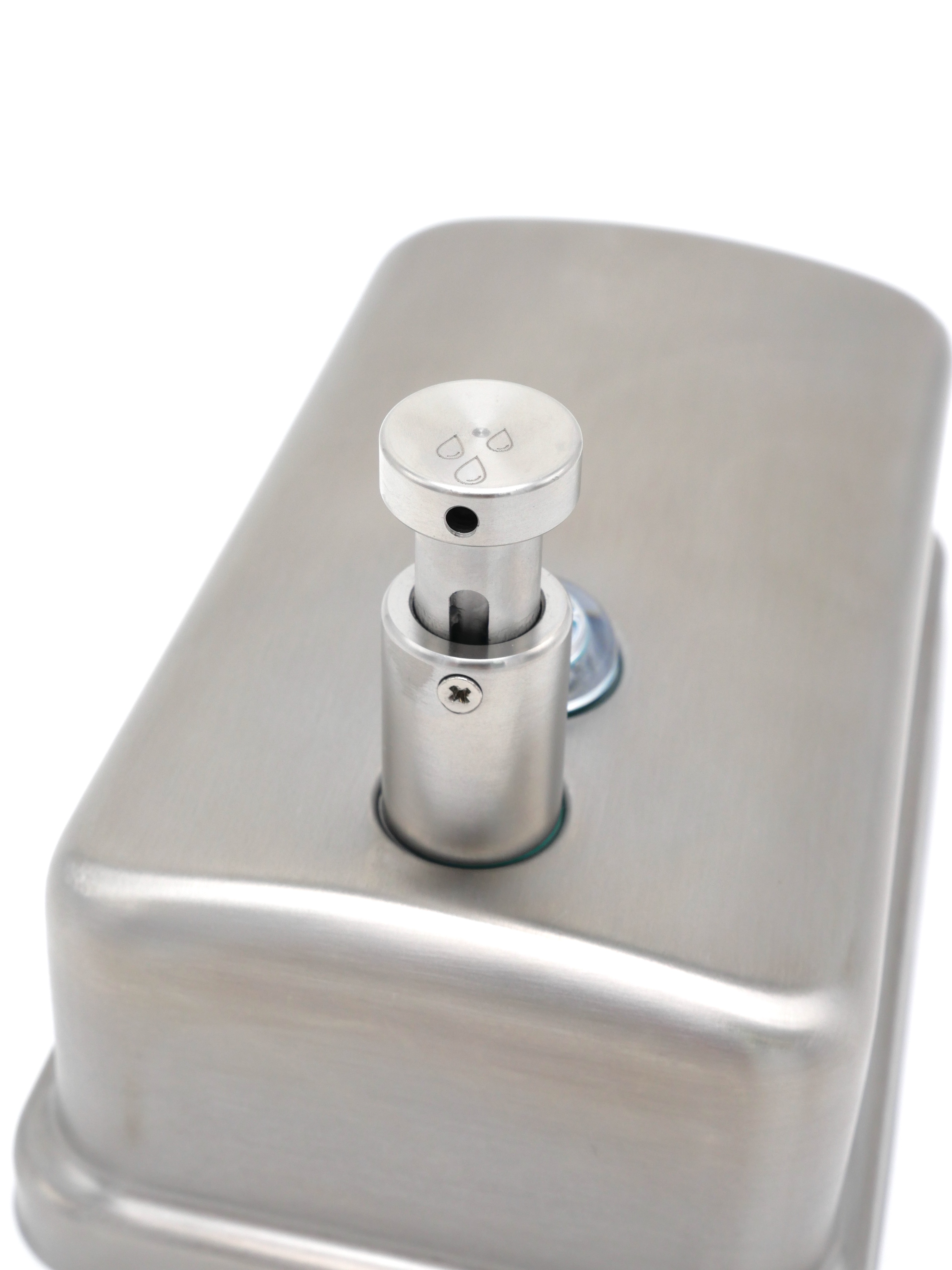 304 stainless steel wall-mounted manual soap dispenser with polished chrome finish, vertical rounded body, transparent liquid level window, and drip-free push valve for luxury hotel bathrooms.