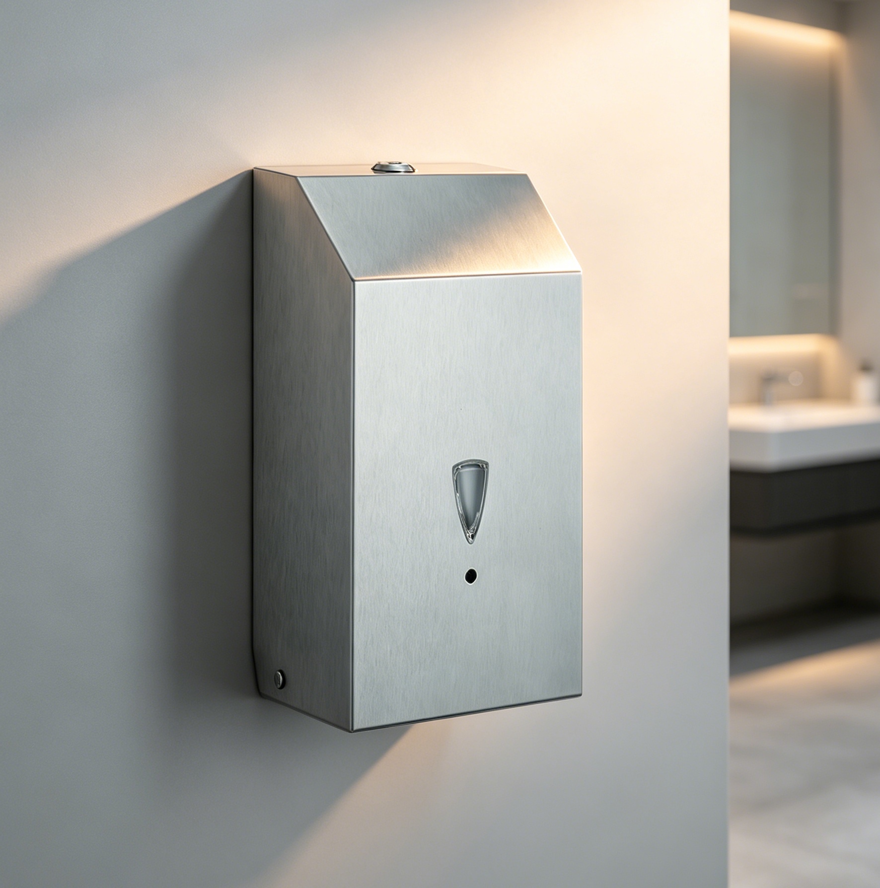 304 stainless steel automatic wall-mounted soap dispenser with infrared sensor touchless operation, sleek vertical body, polished chrome finish, and drip-free valve for luxury hotel and hospital washrooms.