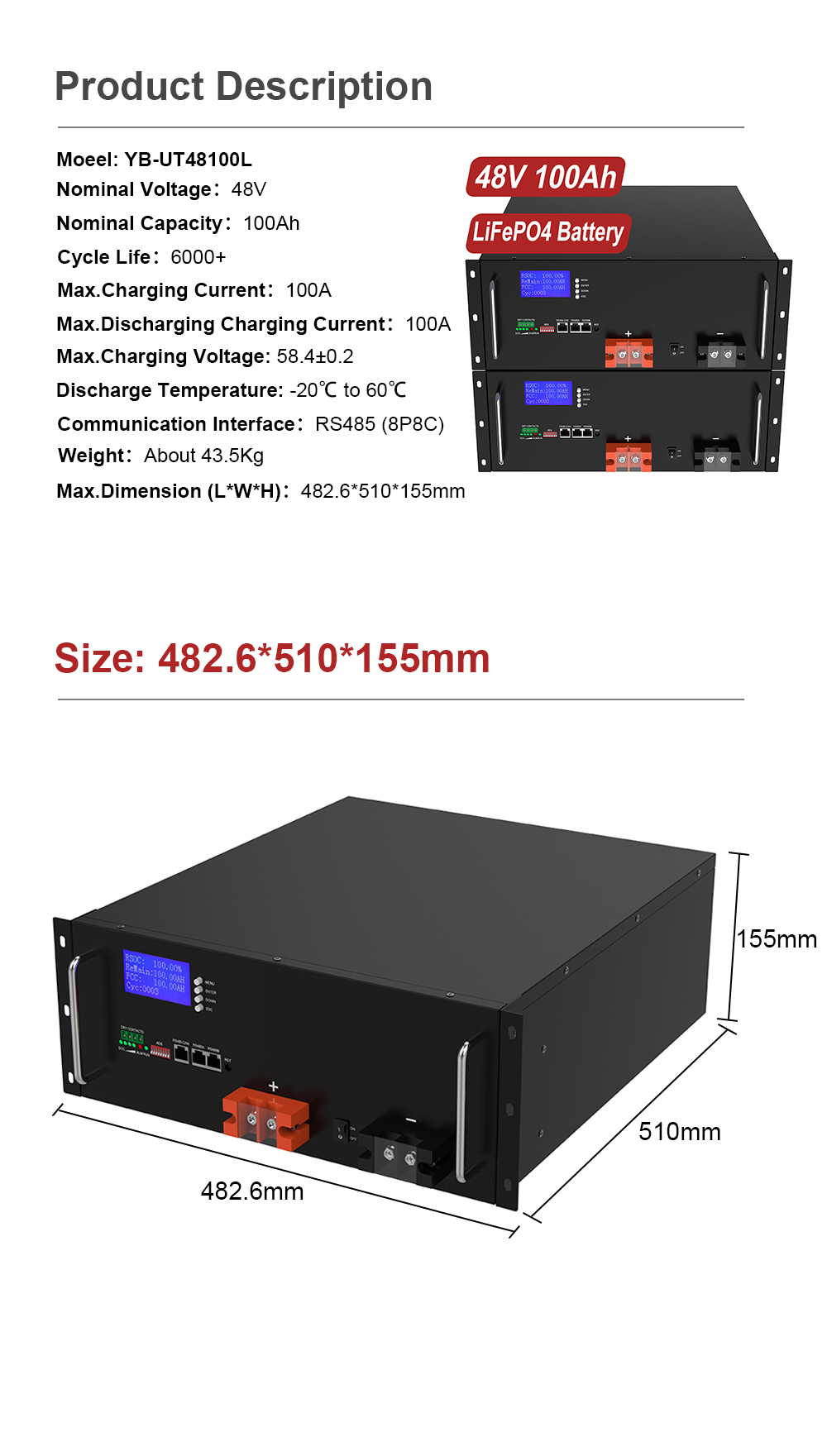 YABO 48V LiFePO4 Battery Rack Mountable Unit