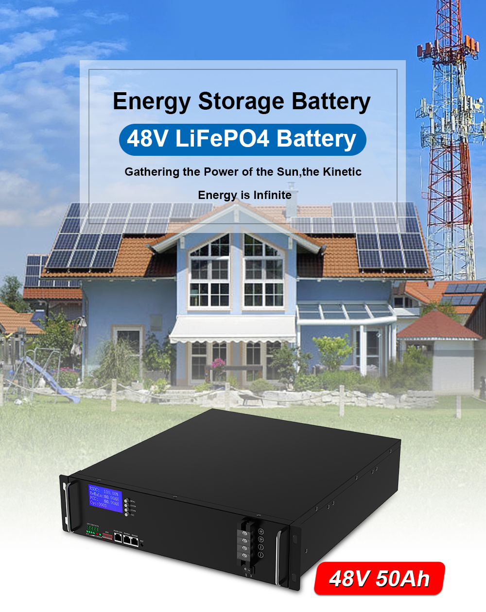 YABO 50Ah 51.2V LiFePO4 Battery Solar Rack Stackable