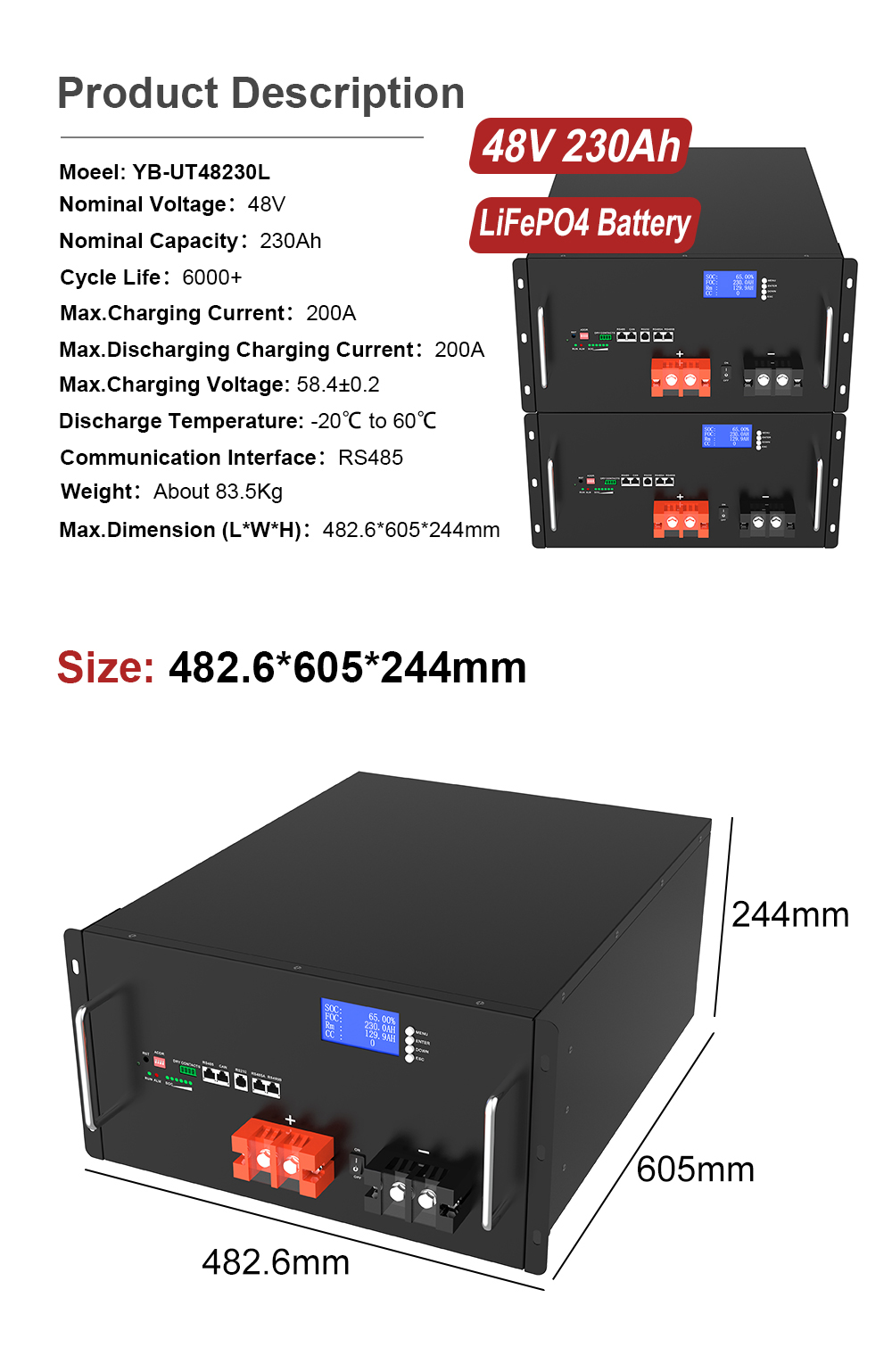YABO 48V 230Ah LiFePO4 Battery For Rack Systems