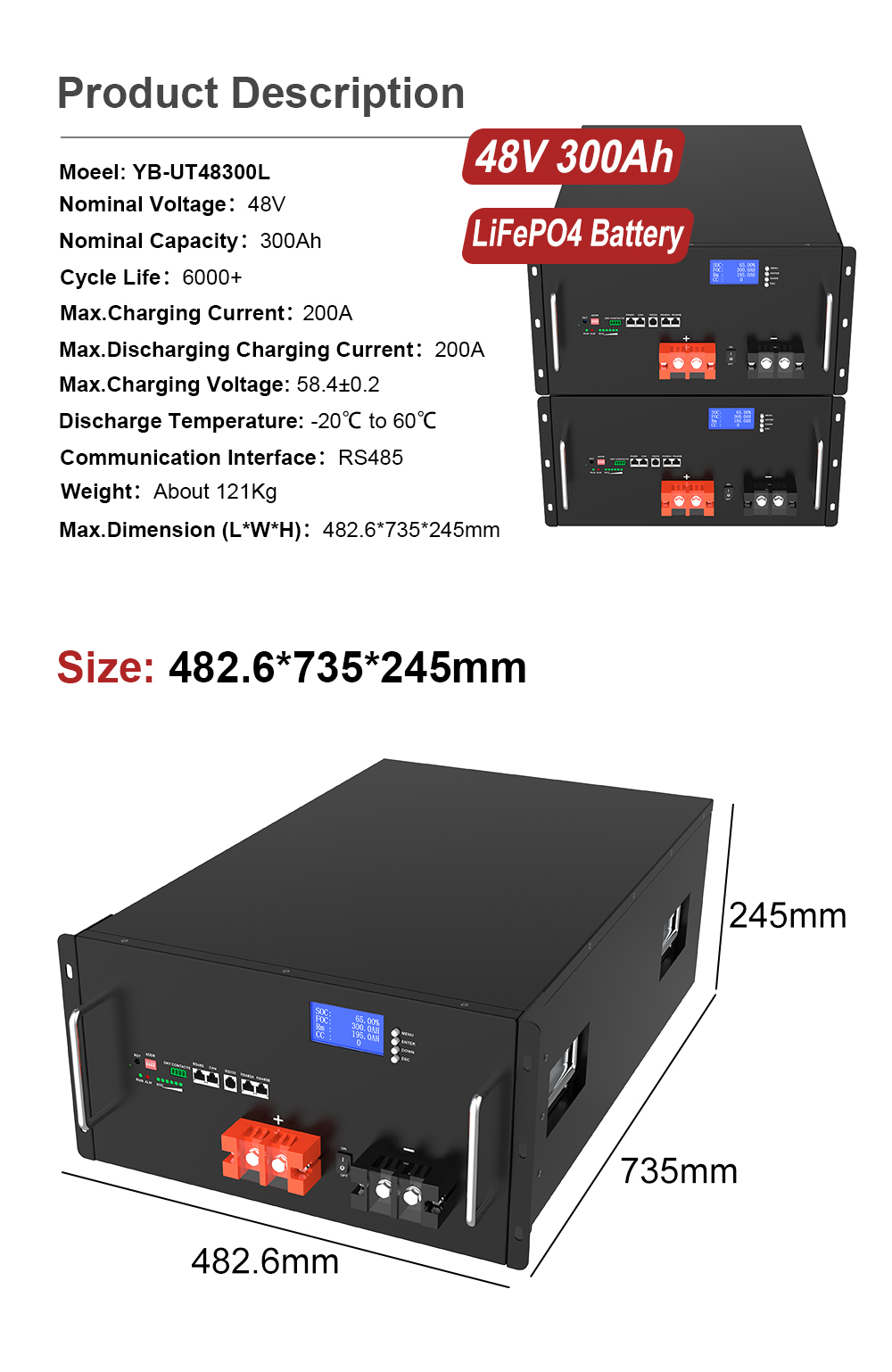 YABO 48V 300Ah Lithium Iron Phosphate Rack-Mounted Power Unit