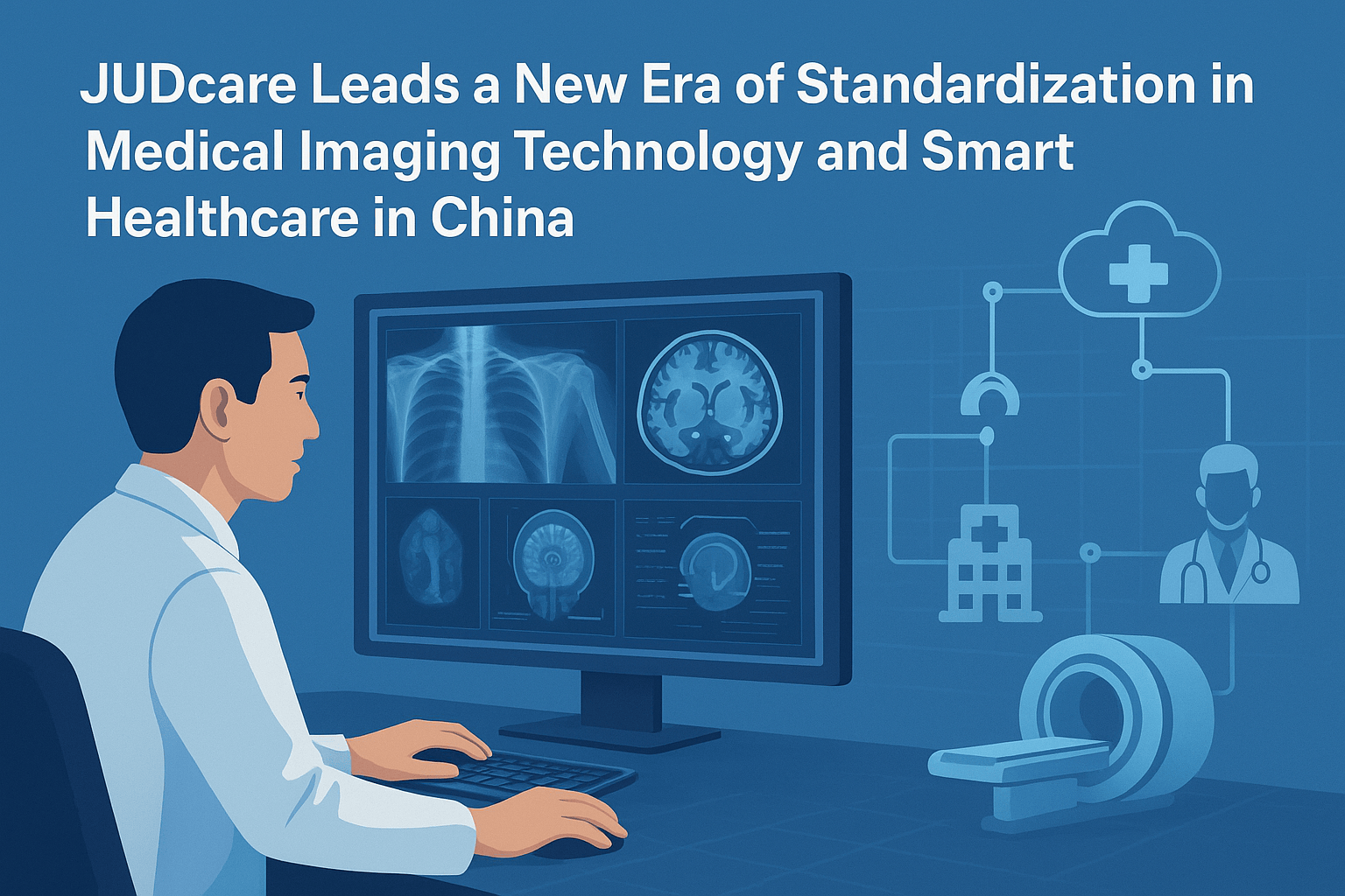 Radiologist analyzing AI-enhanced medical scans in a smart hospital imaging center powered by JUDcare’s medical imaging technology and cloud connectivity.