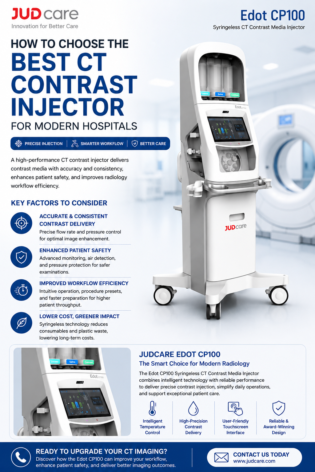 JUDcare Edot CP100 CT contrast injector delivering precise contrast media injection for modern hospital CT imaging