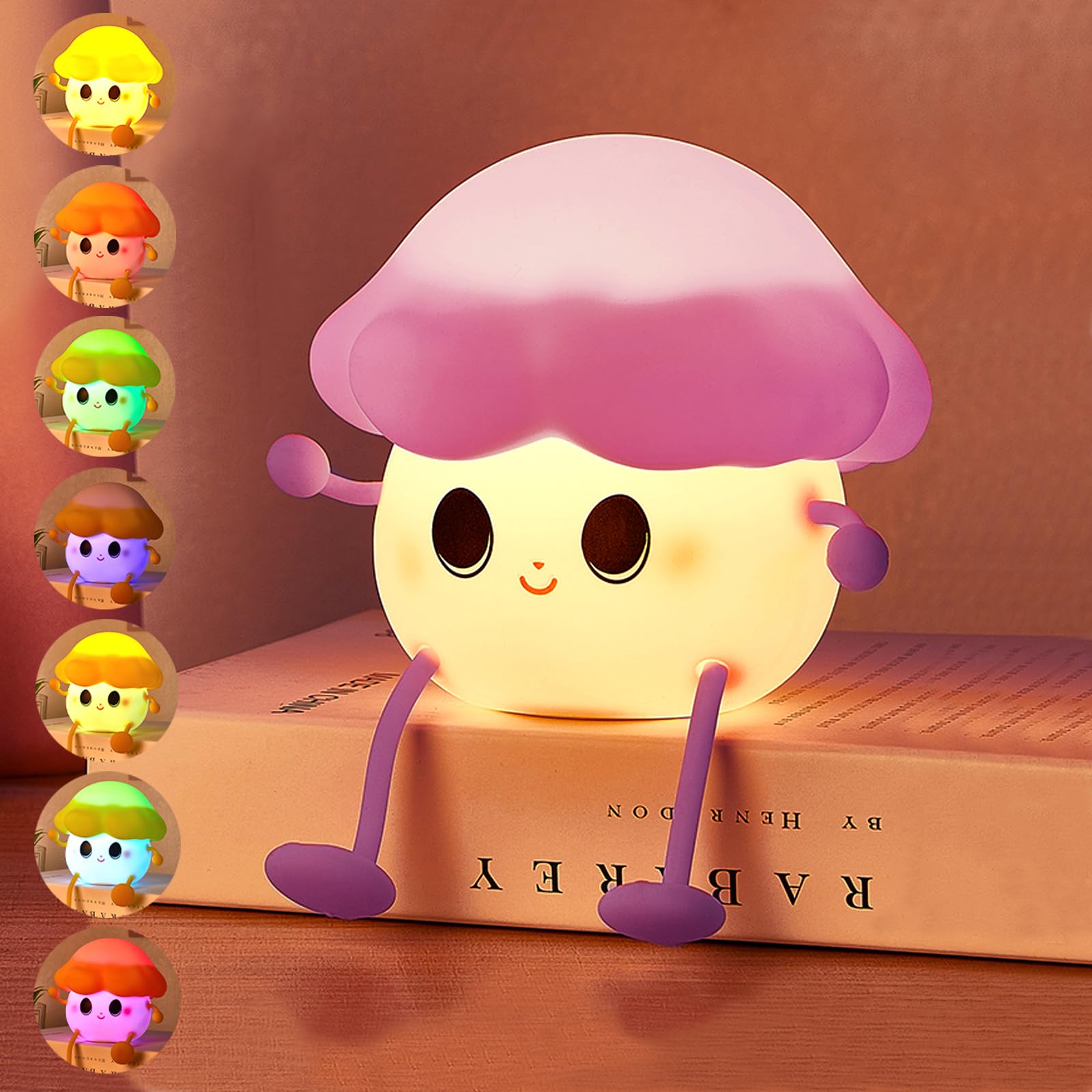 Kid holding the small mushroom nightlight
