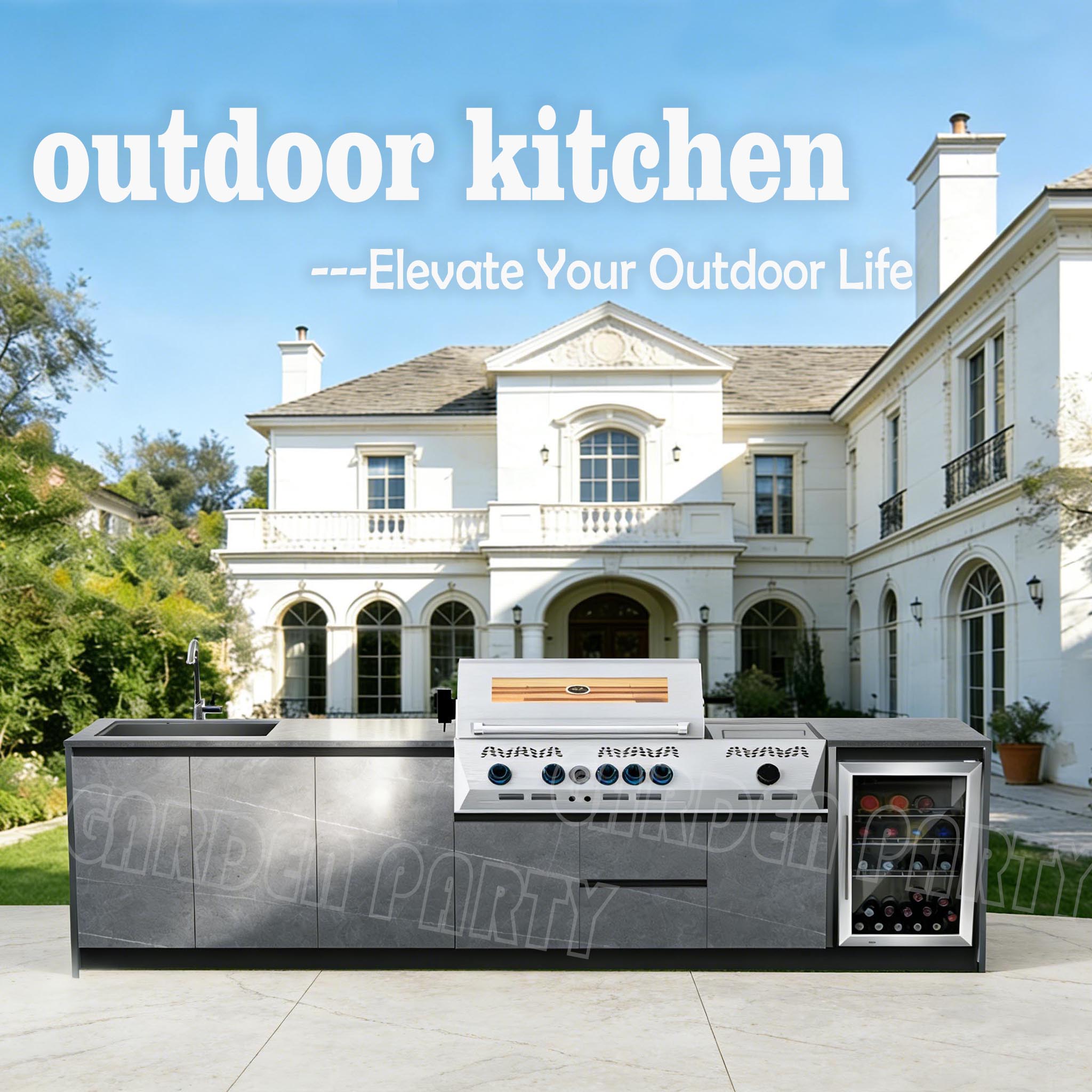 luxury villa style outdoor kitchen with built in grill sink and wine fridge modern outdoor cooking station for grand backyard entertaining