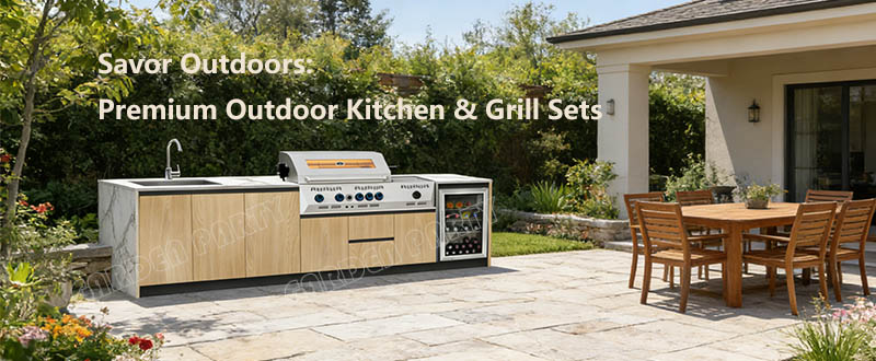 Warm wood outdoor kitchen and grill system with sintered stone for villa backyard patio