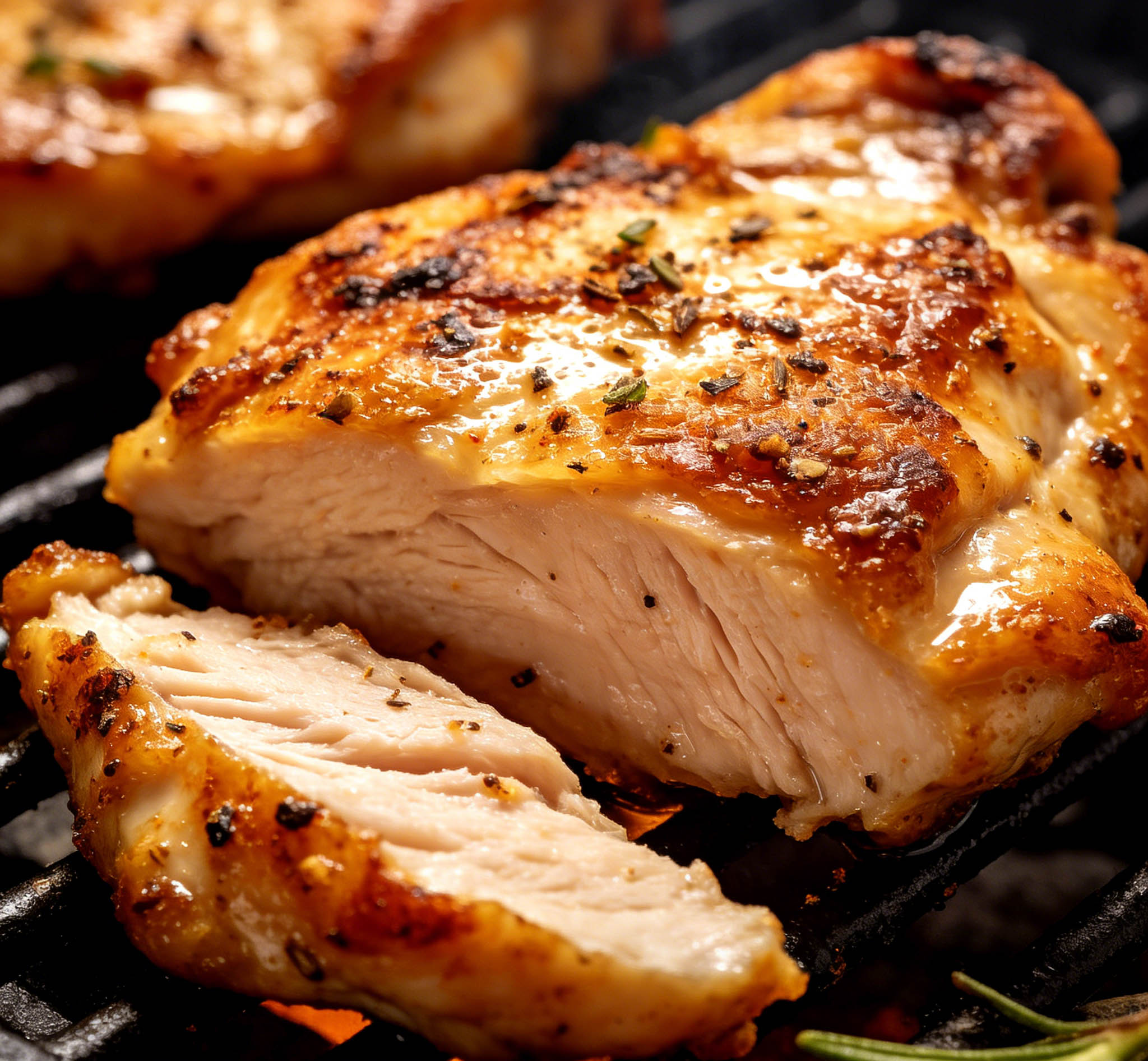 Juicy seasoned grilled chicken breast cooked on all steel outdoor counter gas bbq grill for backyard garden cooking