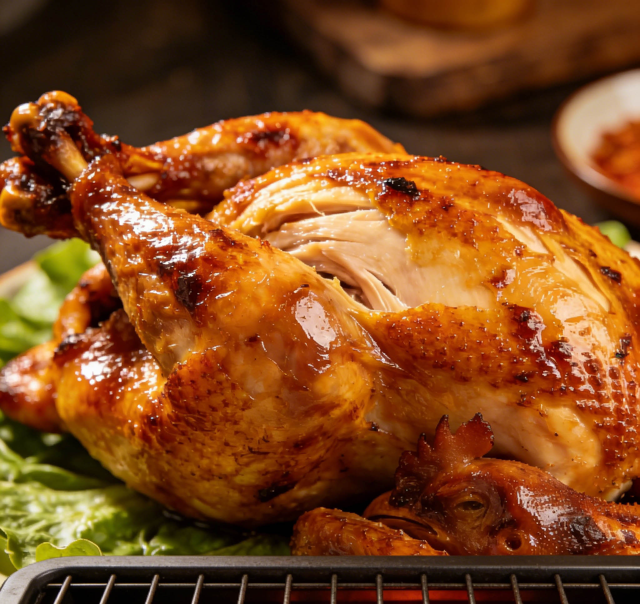Golden roasted whole chicken grilled on heavy duty all steel outdoor counter outdoor kitchen station