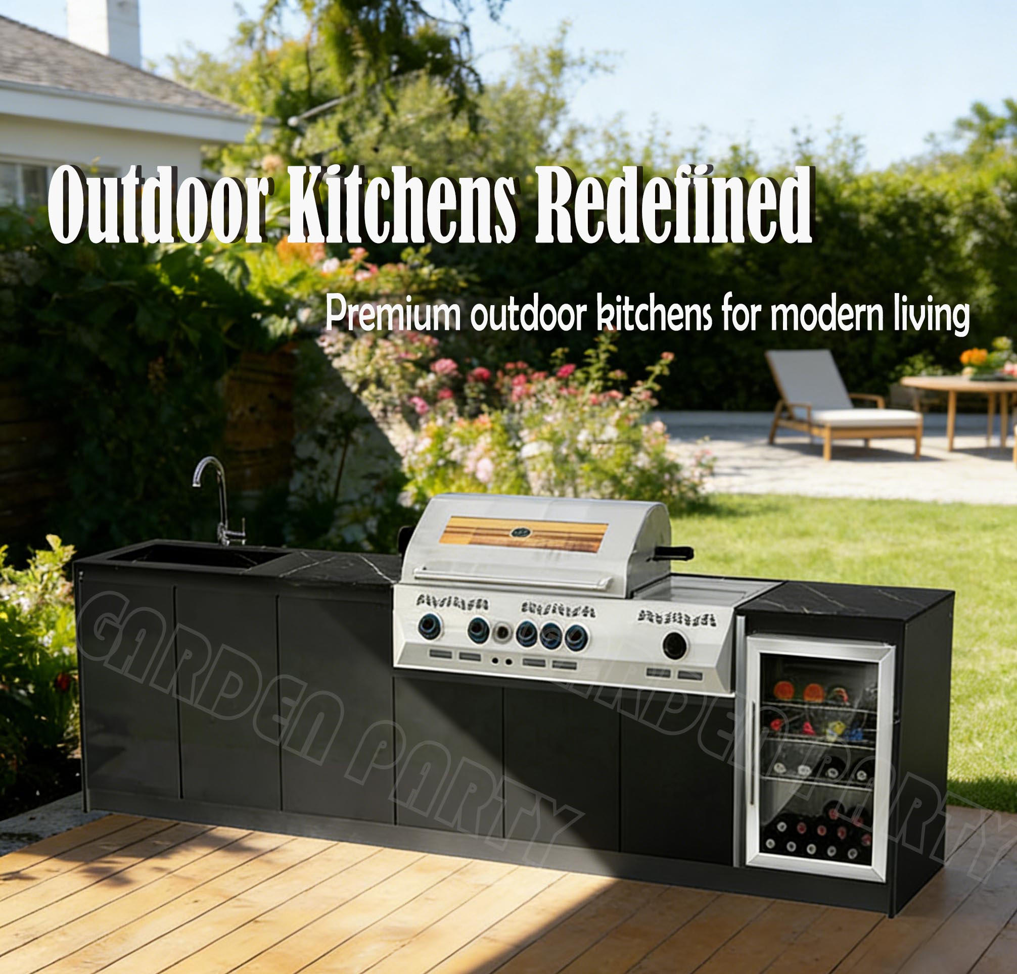 Modern backyard villa premium outdoor kitchen, complete sintered stone outdoor kitchen design with gas grill, sink and wine fridge