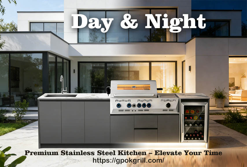 premium stainless steel outdoor kitchen with built in grill sink and beverage fridge modern minimalist outdoor cooking station in front of contemporary home for day and night patio use