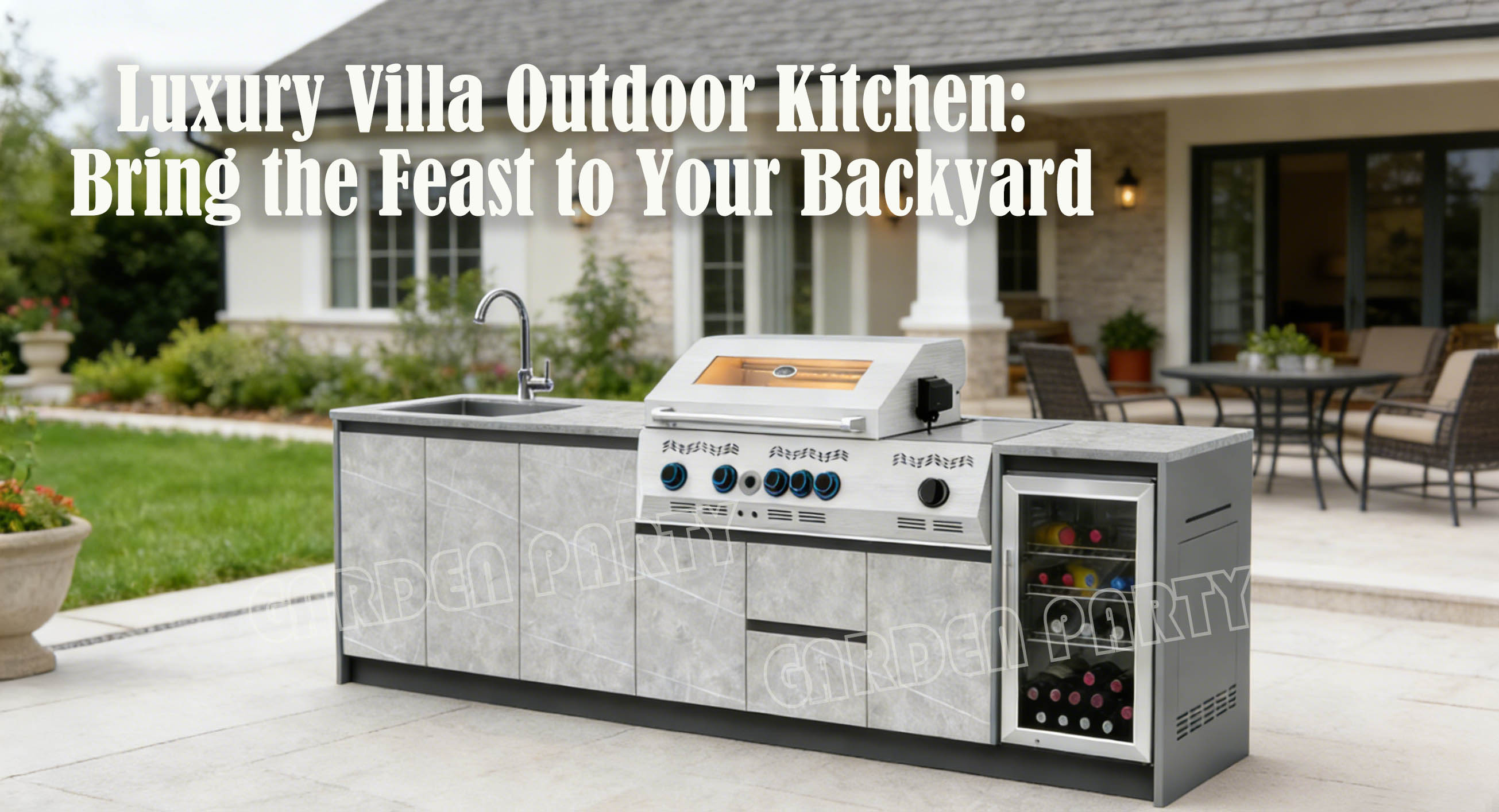 luxury villa style outdoor kitchen with built in grill sink and wine fridge modern outdoor cooking station for grand backyard entertaining