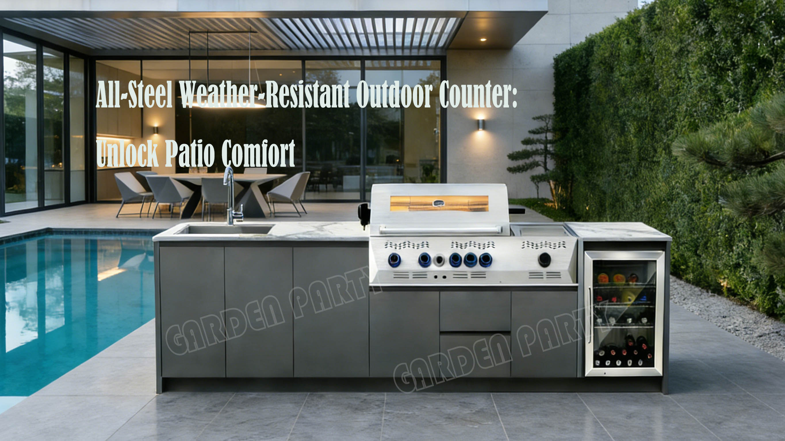 all steel weather resistant outdoor counter with integrated grill sink and beverage fridge sleek minimalist patio cooking station by swimming pool