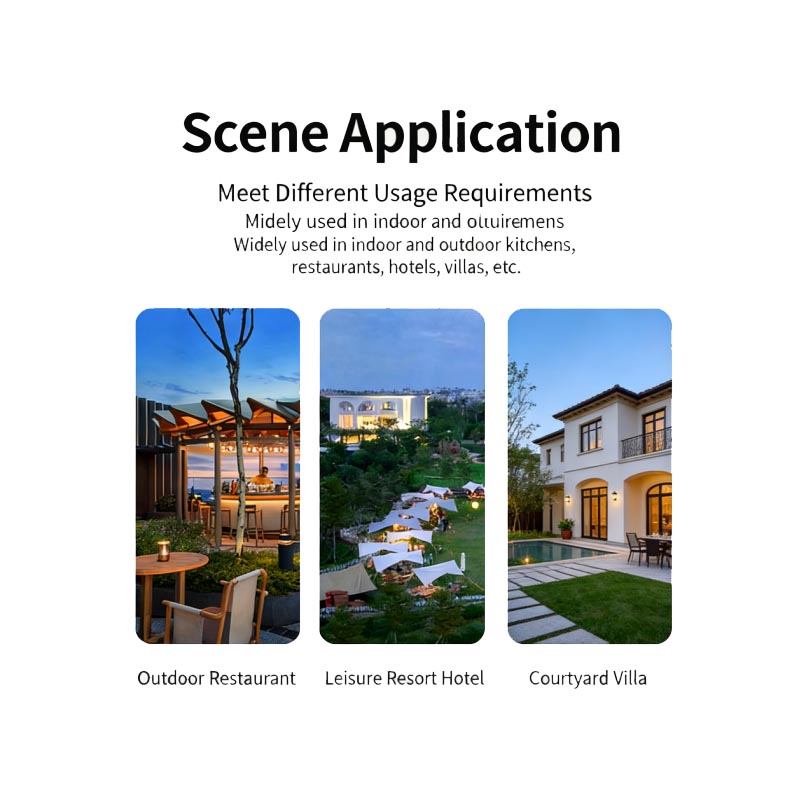 Multi-scene display of outdoor kitchen and grill system for outdoor restaurant, leisure resort hotel and courtyard villa commercial & residential usage