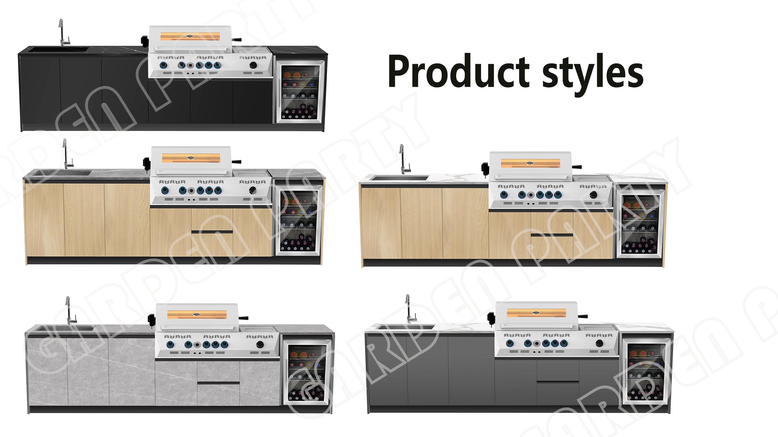 Five full sintered stone finish styles of integrated outdoor kitchen and grill system including sleek black, warm wood and modern grey cabinet designs