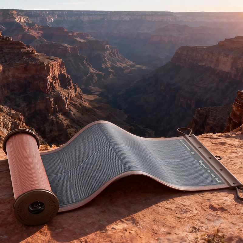 This picture showcases Flexible Rollable PV Panel, Roll-up Solar Panel, Rollable Solar Panel and Rollable Panel featuring convenient rollable flexible structure for outdoor usage.