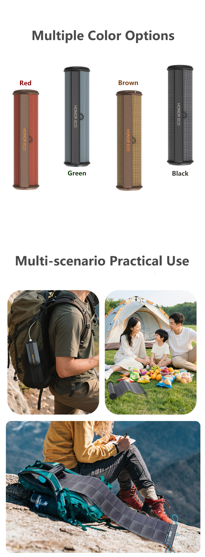 This display presents Flexible Rollable PV Panel, Roll-up Solar Panel, Rollable Solar Panel and Rollable Panel available in four stylish color options: red, green, brown and black.