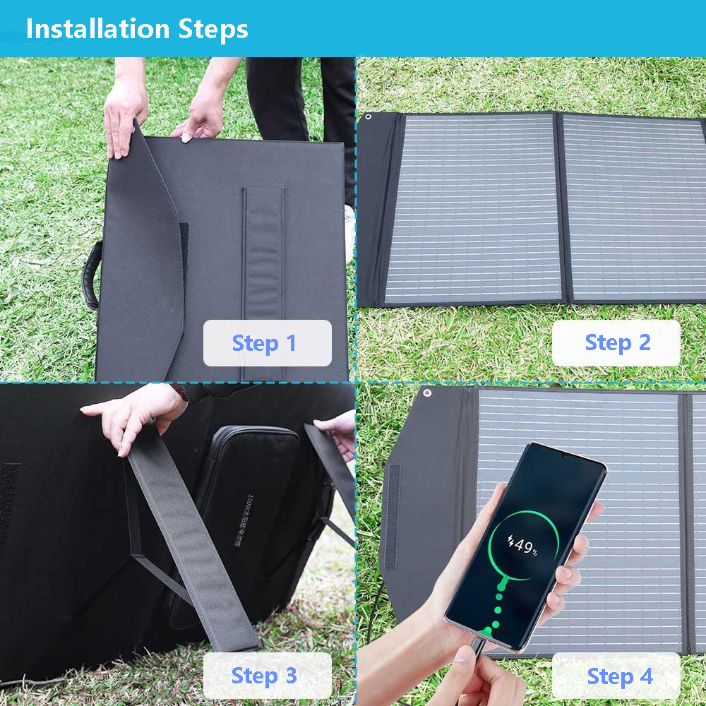 These easy installation steps show how to unfold our Camping Foldable Solar Panel for use as convenient RV Foldable Solar Charger and portable Solar Panel outdoors.