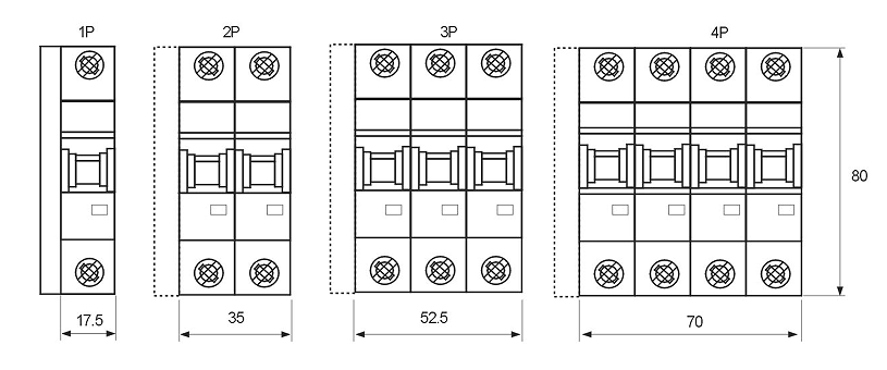 KGB7 miniature circuit breaker dimension drawing for DIN rail distribution boards