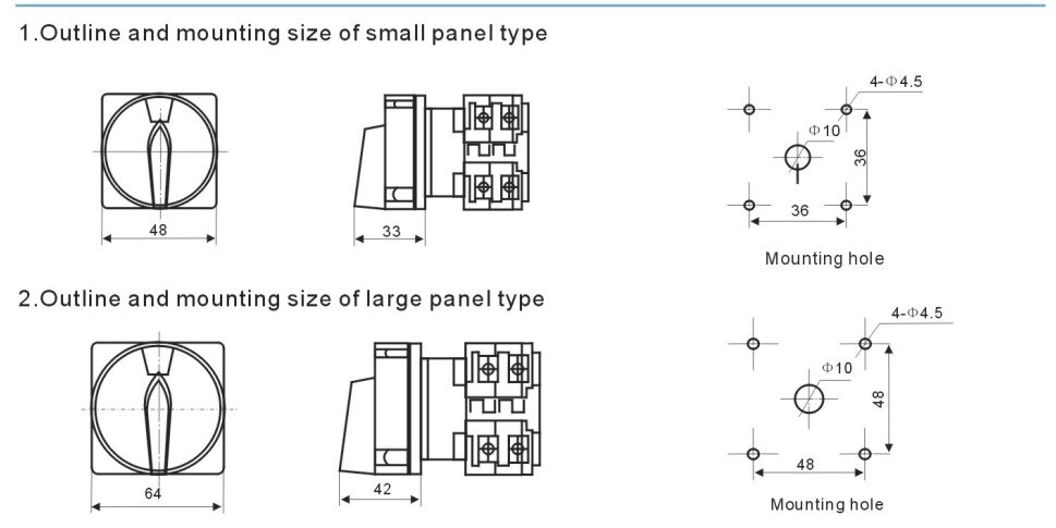 FW26 rotary cam switch original panel mounting dimension drawing