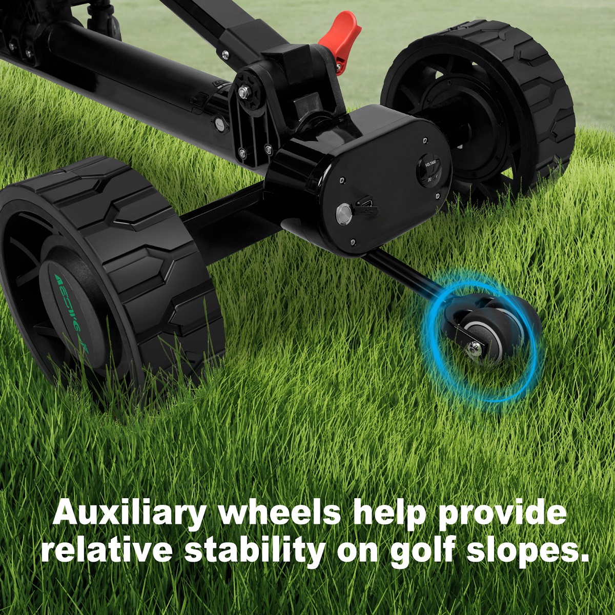 All terrain golf cart with anti-tip wheels