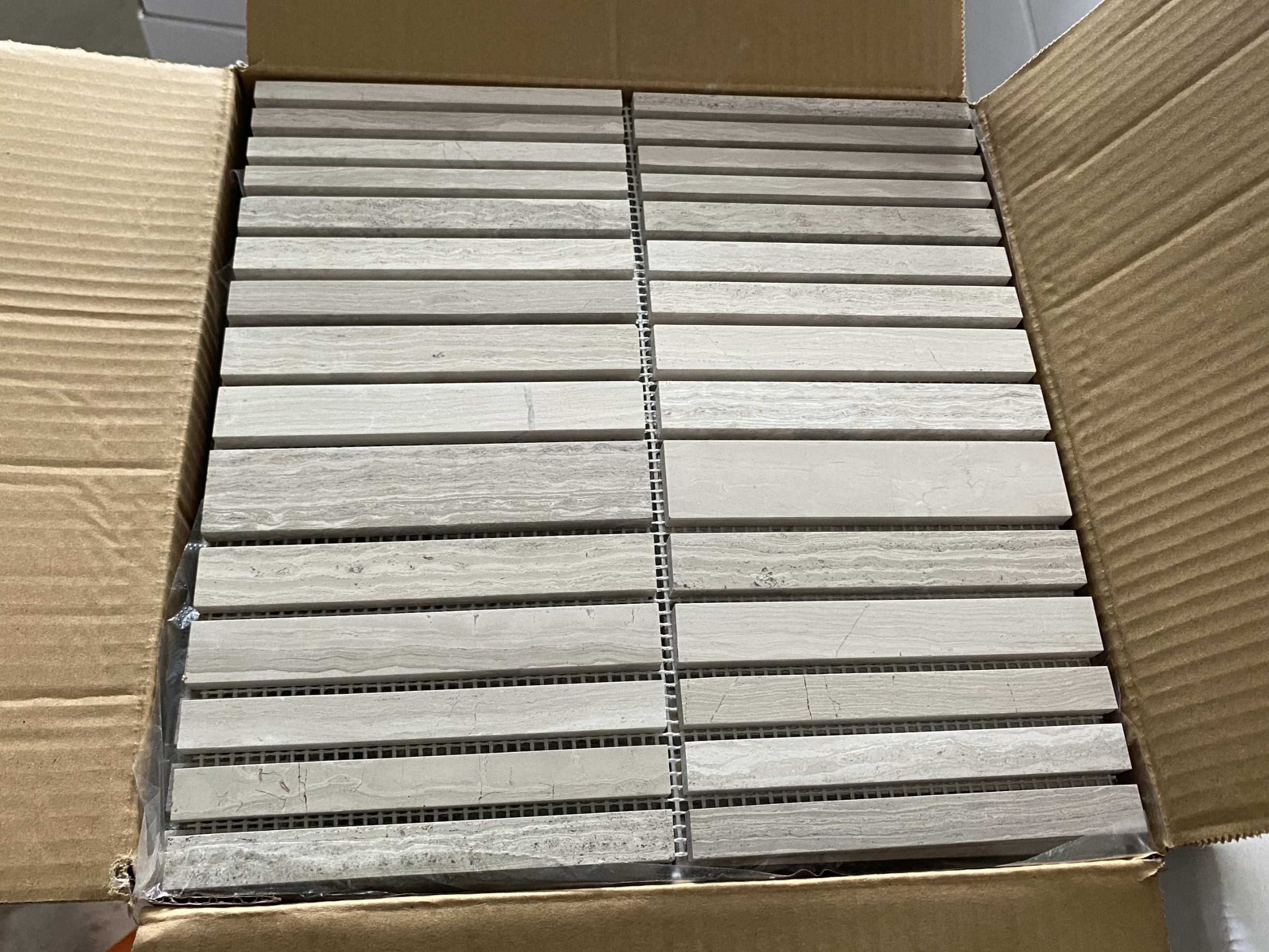 We wholesale Wooden White Marble Rectangle Straight Stack Mosaic Tile