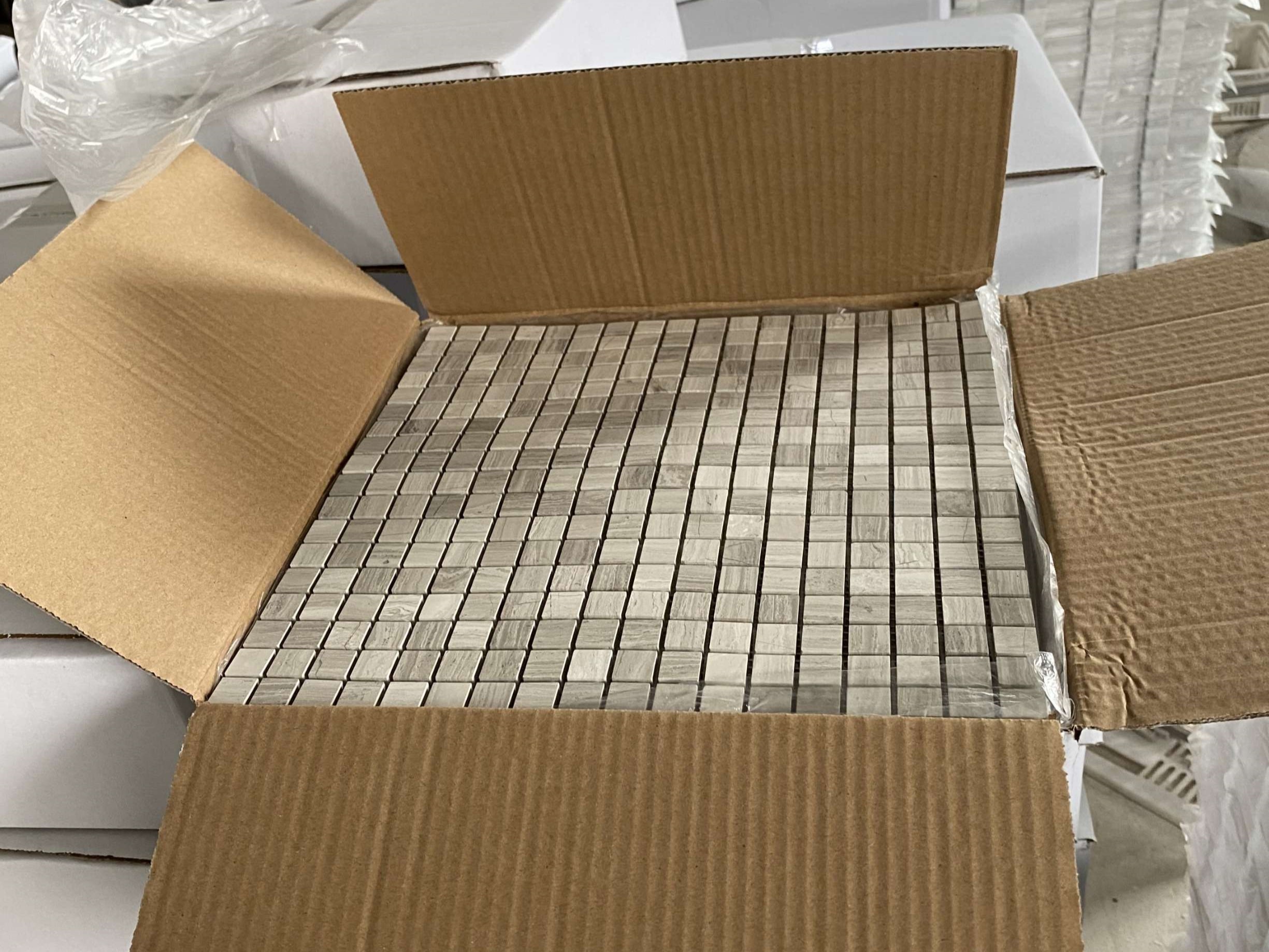 Wooden White Marble Square Grid Mosaic Tile