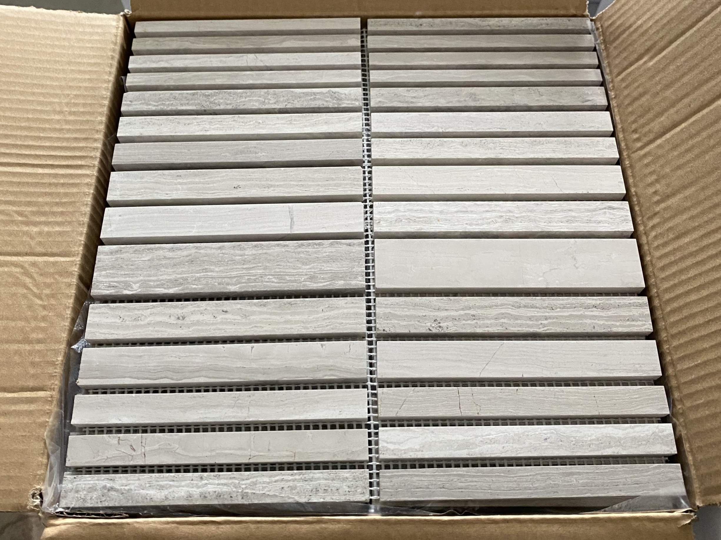 We wholesale Wooden White Marble Rectangle Straight Stack Mosaic Tile