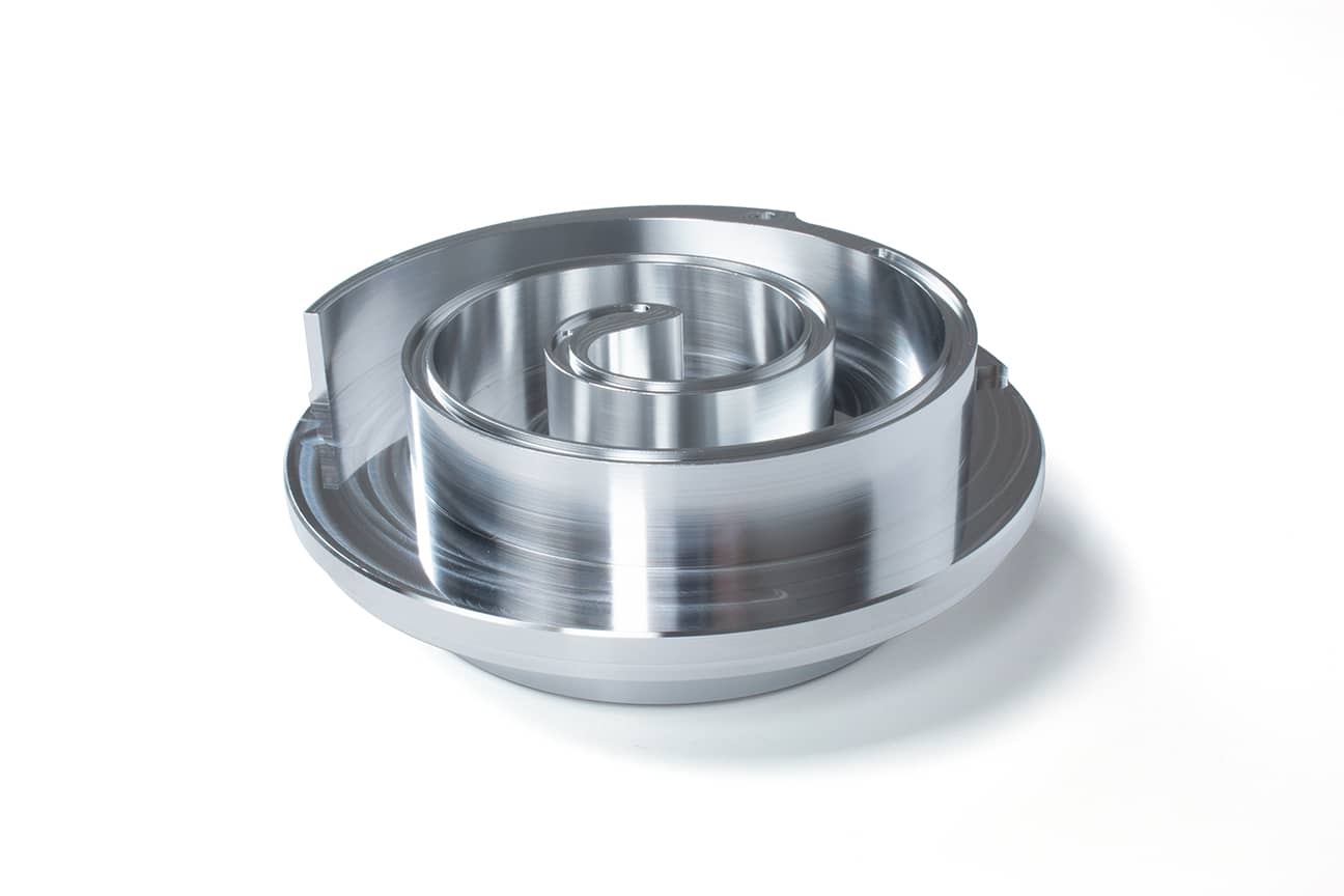 CNC machined orbiting and fixed scroll plates for compressors, featuring mirror-like surfaces (Ra ≤ 0.4μm) and superior sealing performance.