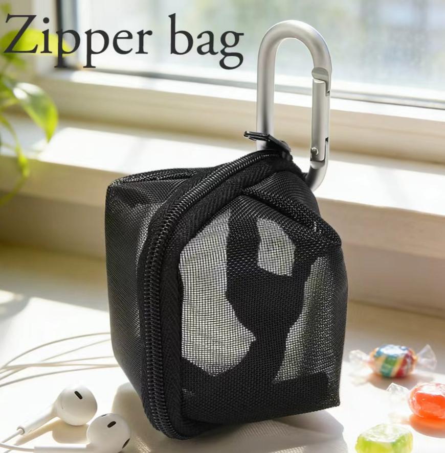 Mini Mesh Zipper Storage Pouch with Carabiner