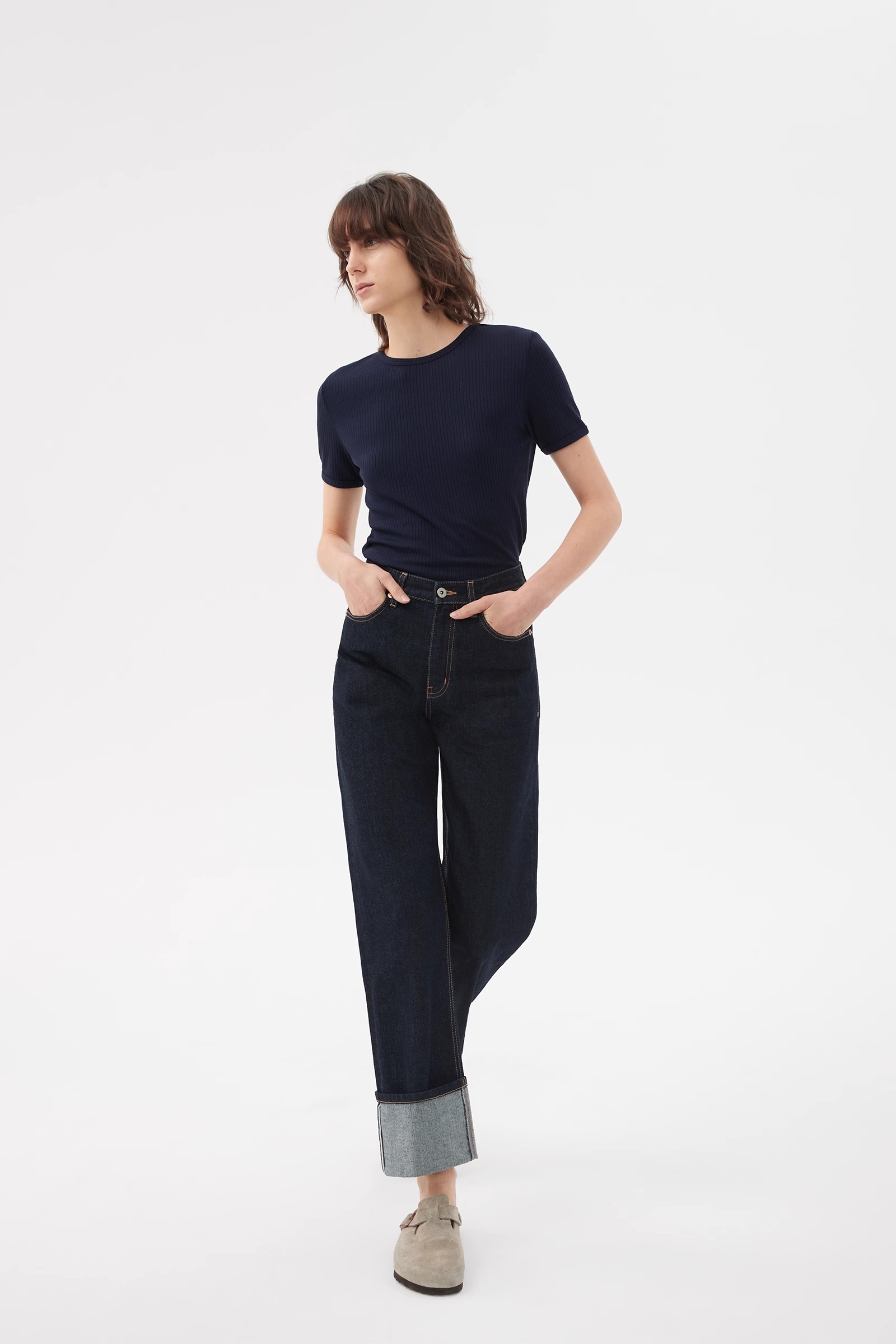 straight dark blue jeans