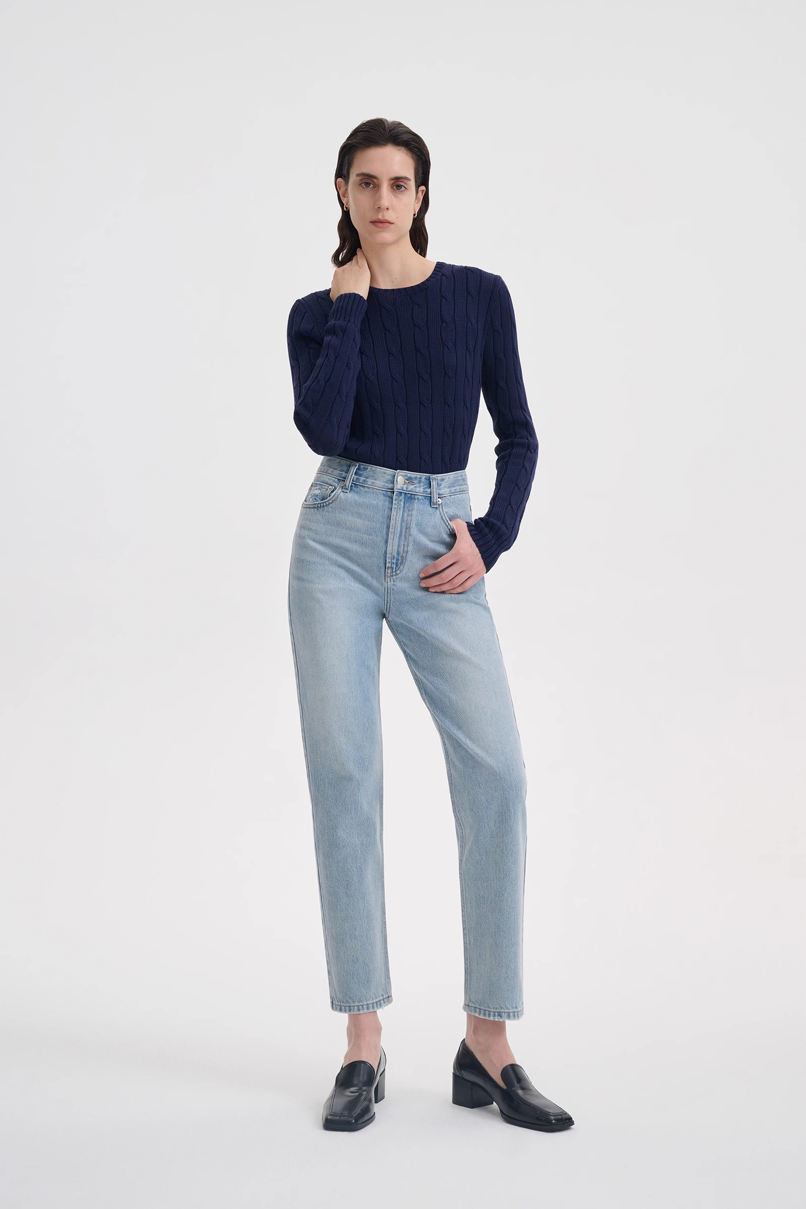 grey high waisted straight leg jeans