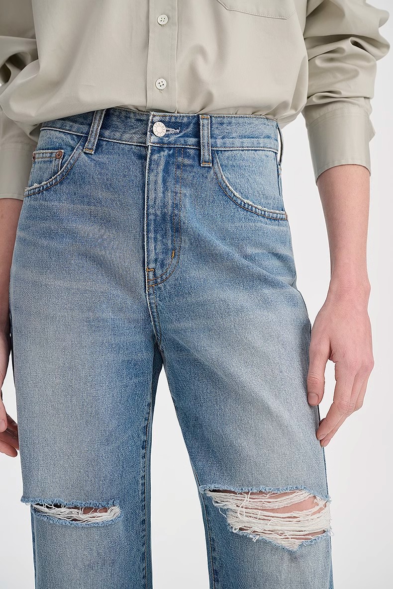 mid wash high rise ripped straight leg jeans