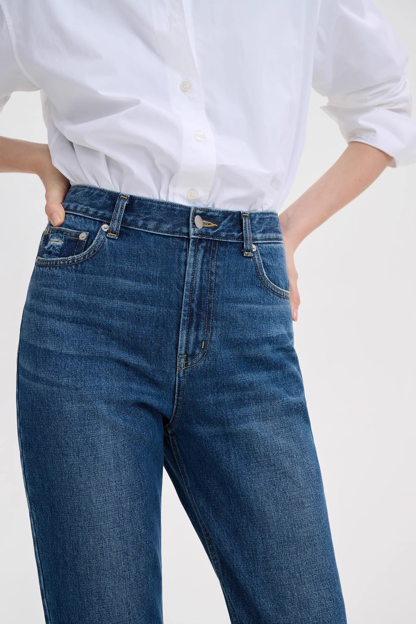 dark blue denim straight leg jeans