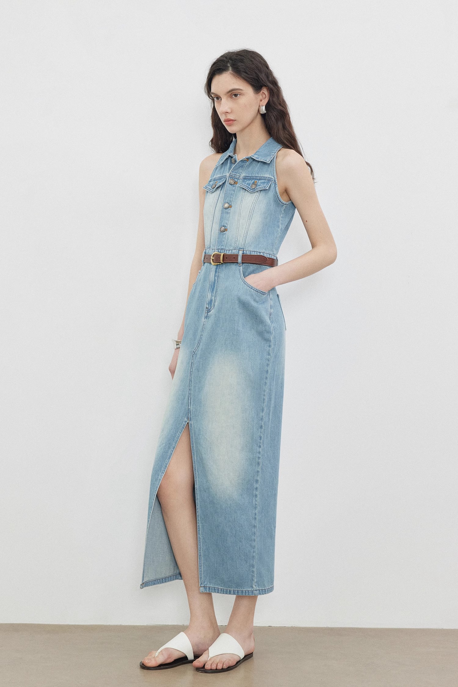 sleeveless denim shirt dress