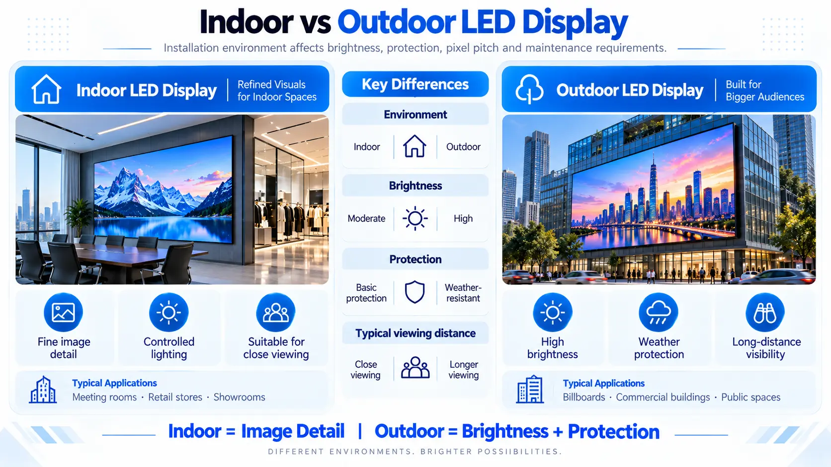 Indoor vs outdoor LED display comparison for brightness, protection and viewing distance
