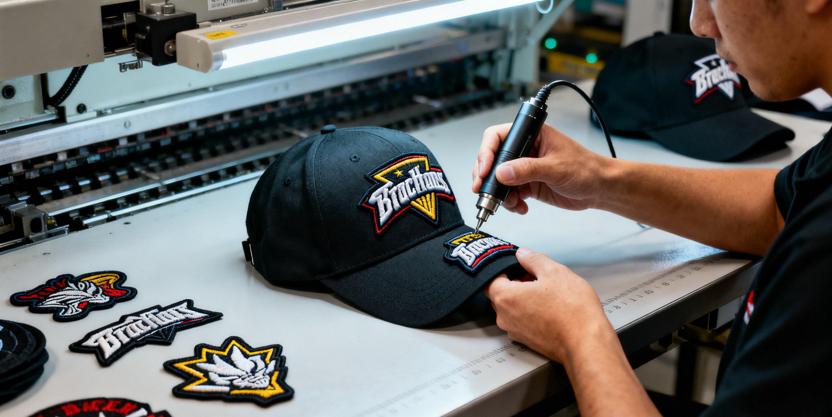technician applying embroidered patches on hats