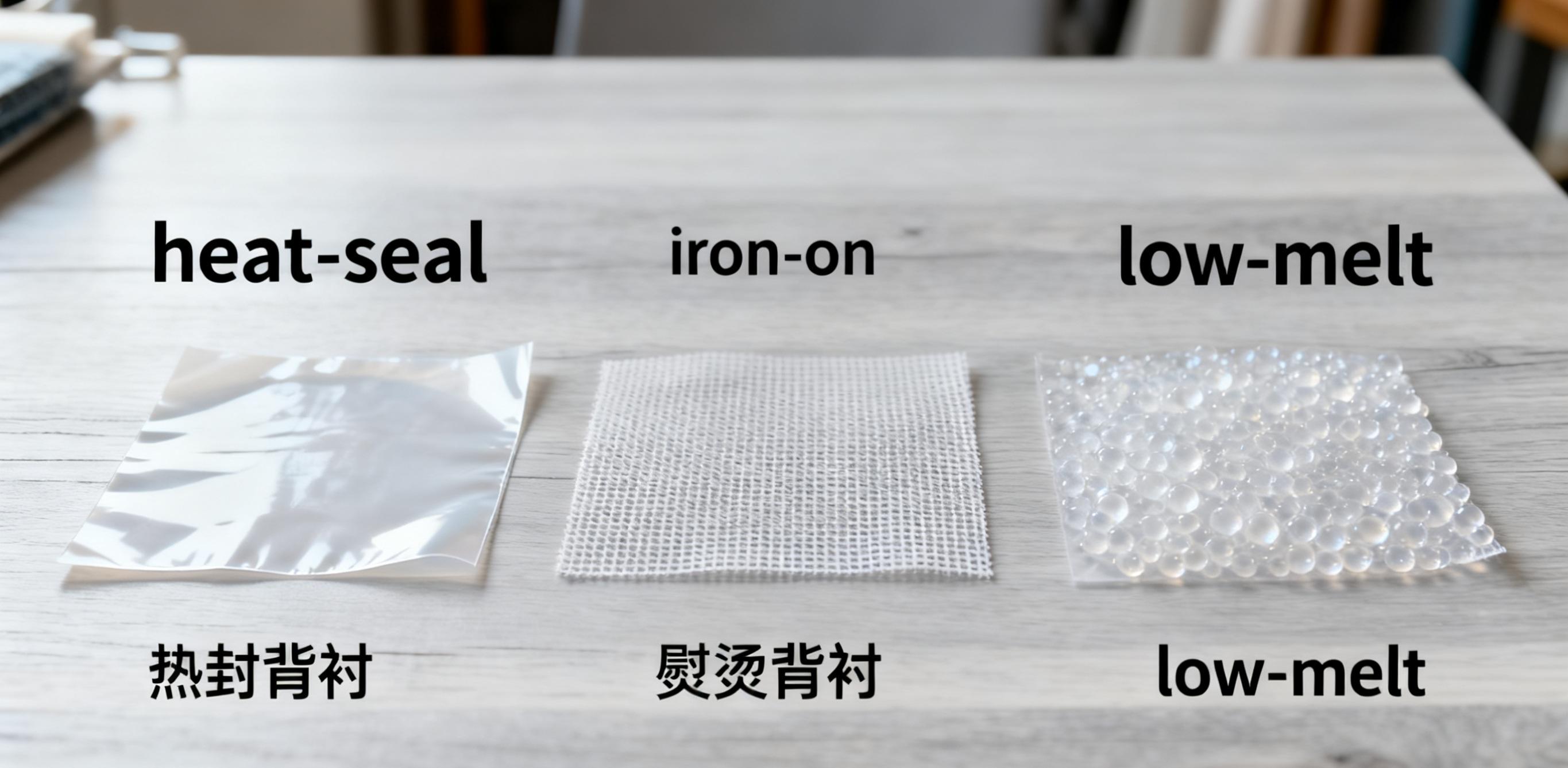 Heat-seal, iron-on and low-melt embroidered patch backing samples displayed on table.