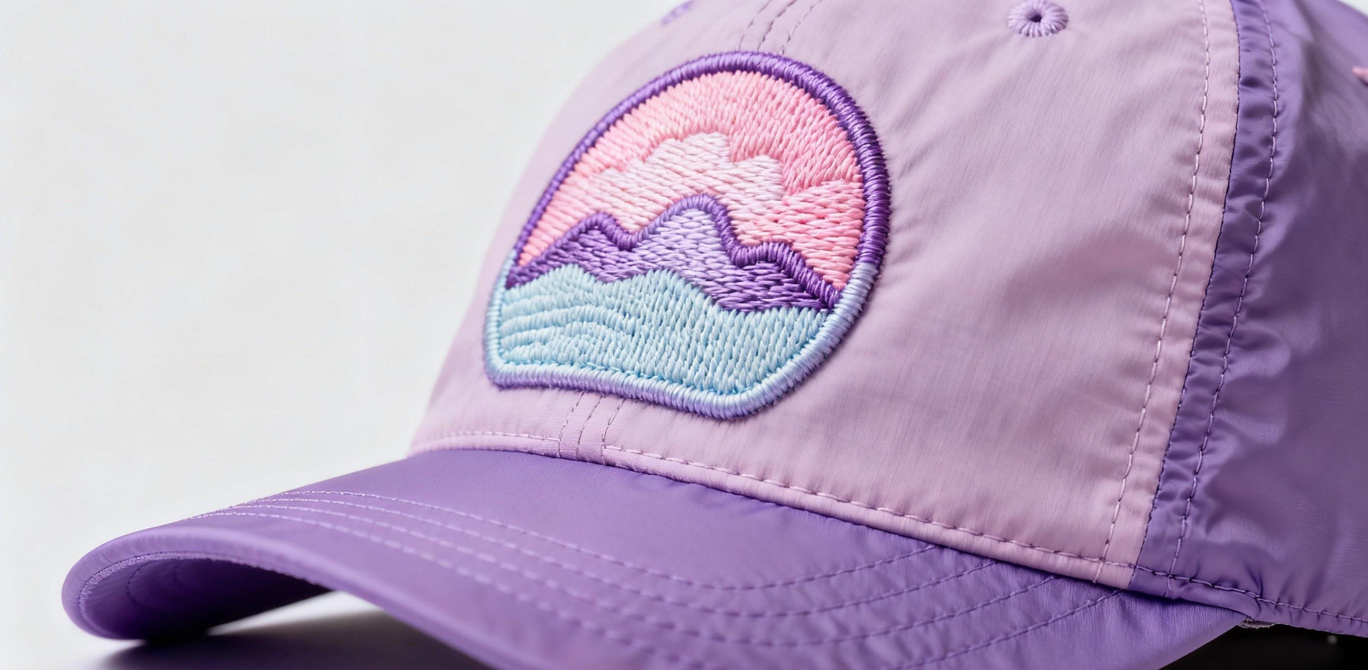 Low-melt embroidered patch pressed onto technical nylon outdoor hat.