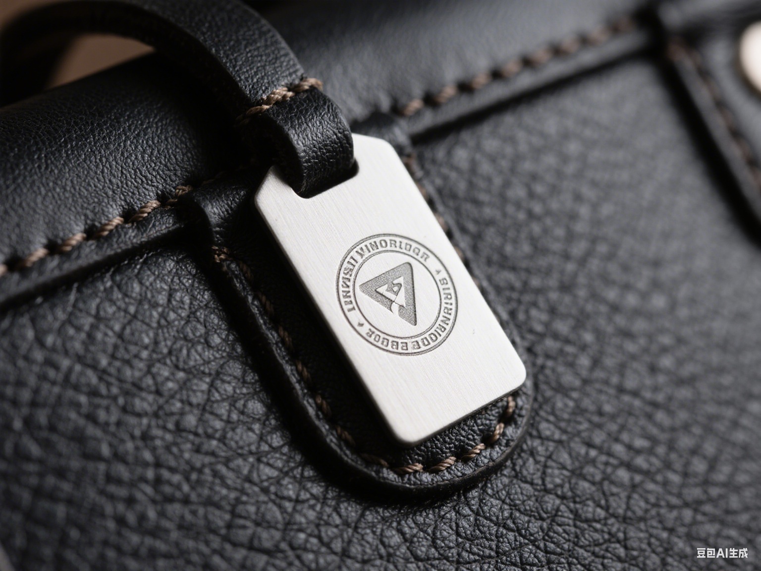 Close-up of laser-engraved stainless steel tag on leather goods