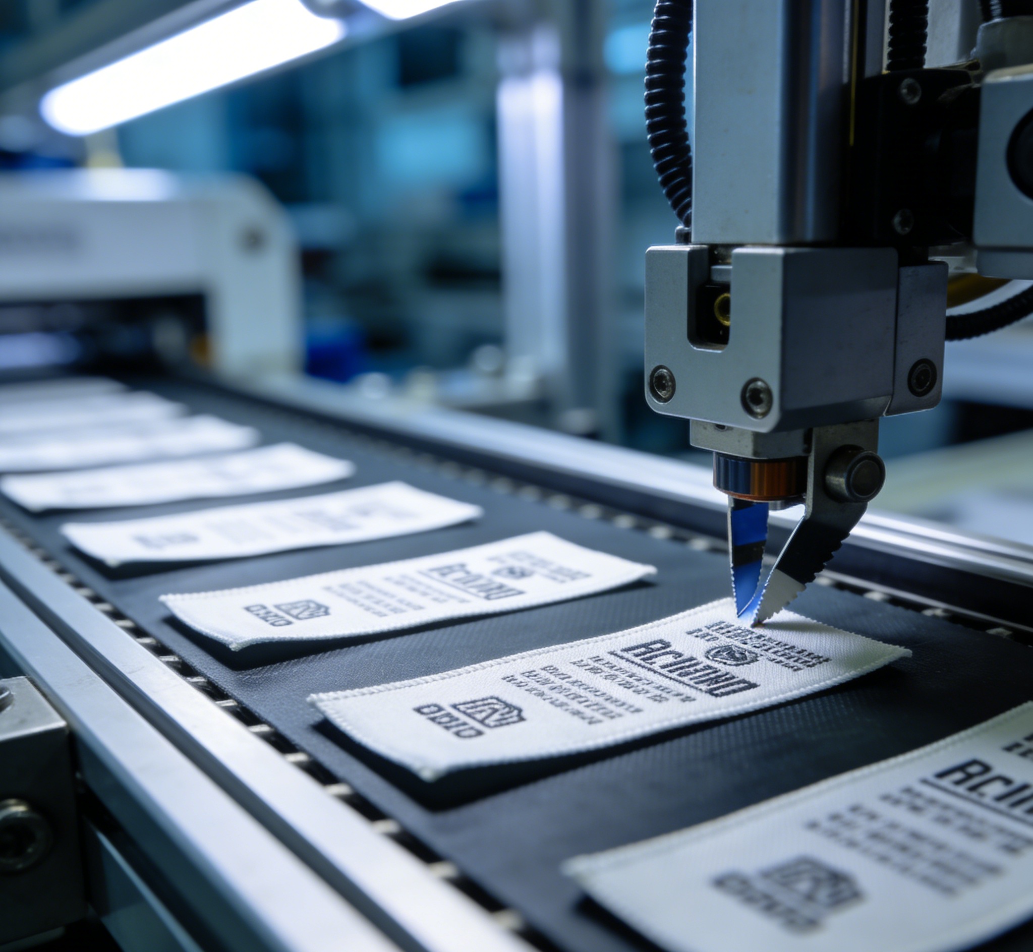 Fabric labels for clothing being produced on automated machines