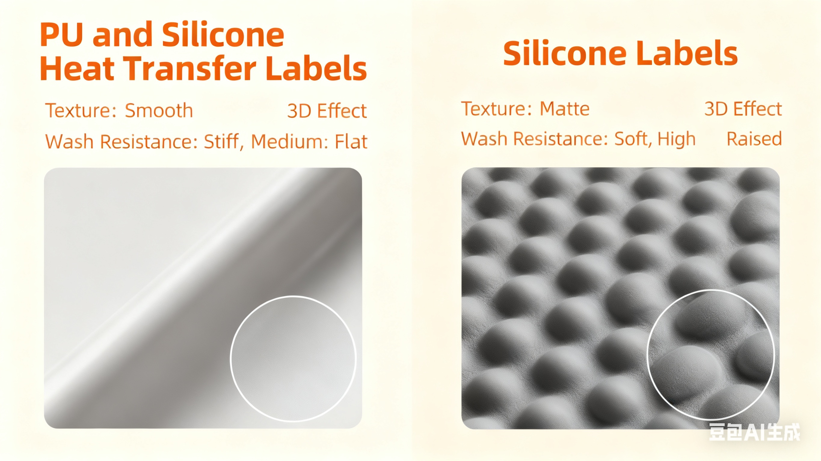 comparison chart: PU vs silicone heat transfer label features