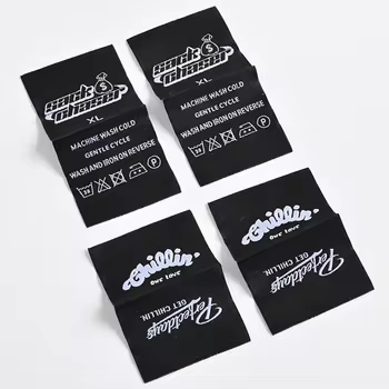 Printed woven labels sewn on garments