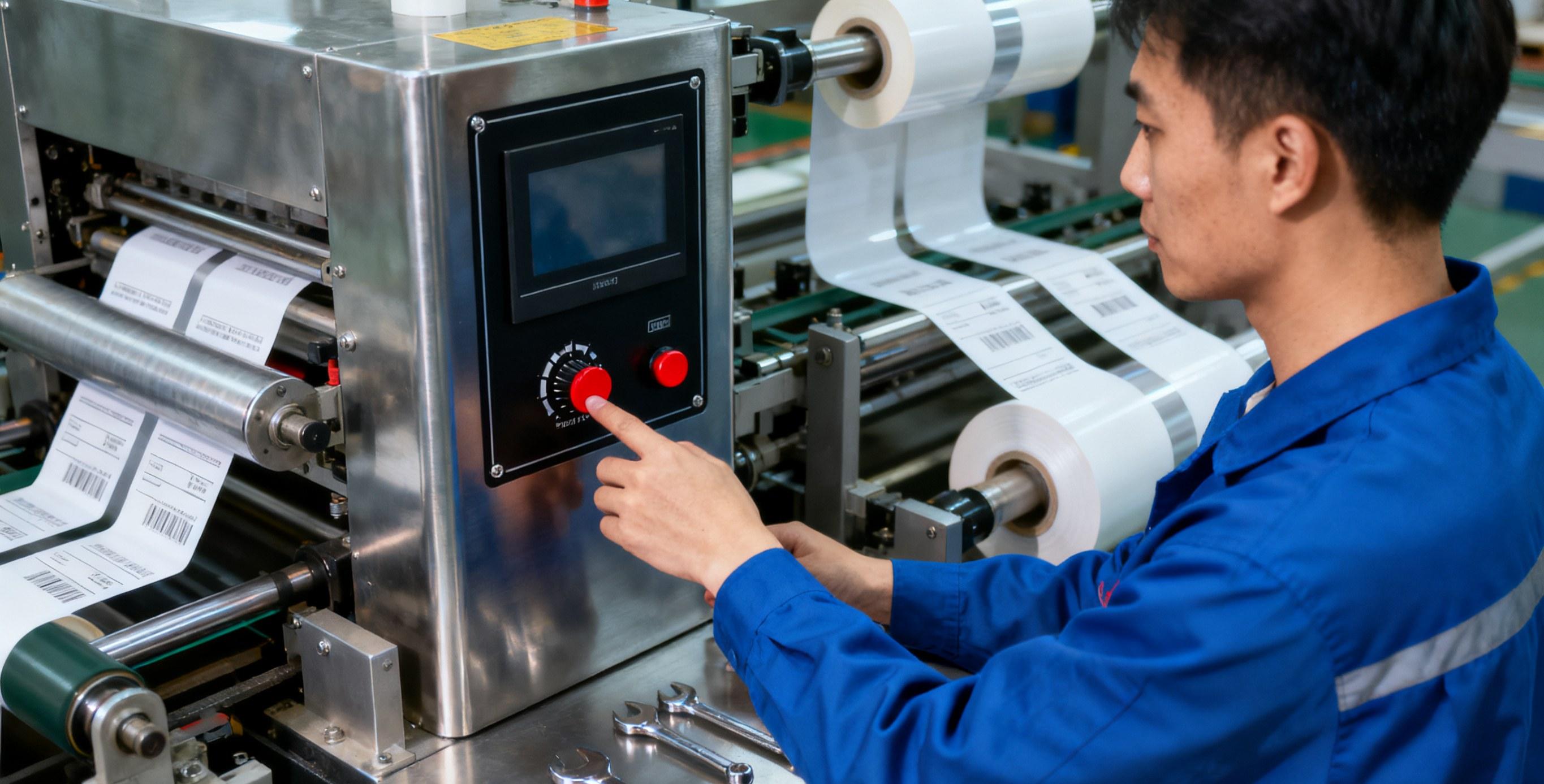 operator using heat transfer label printer in factory