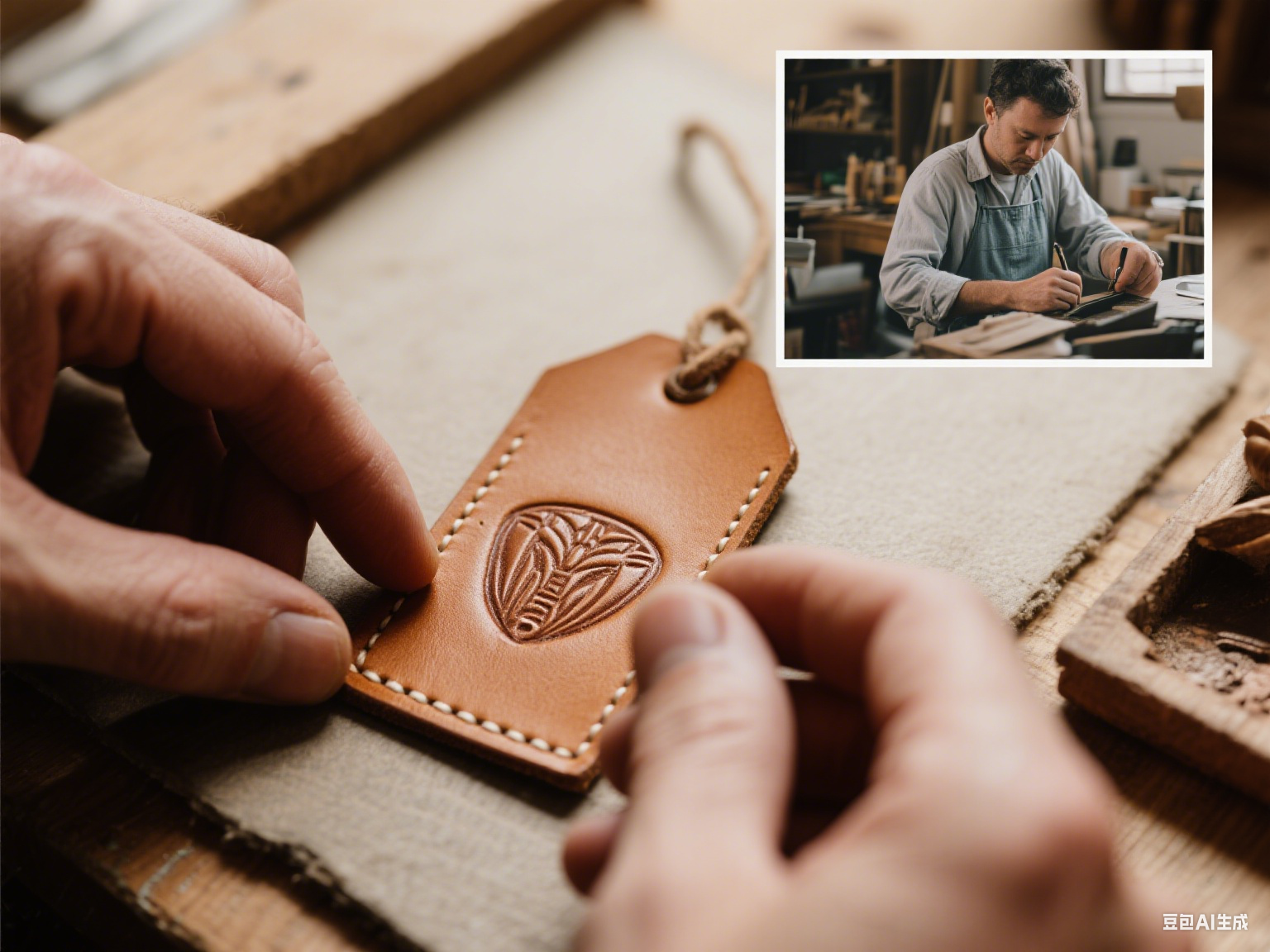 Artisan hand-stamping leather tag with behind-the-scenes inset