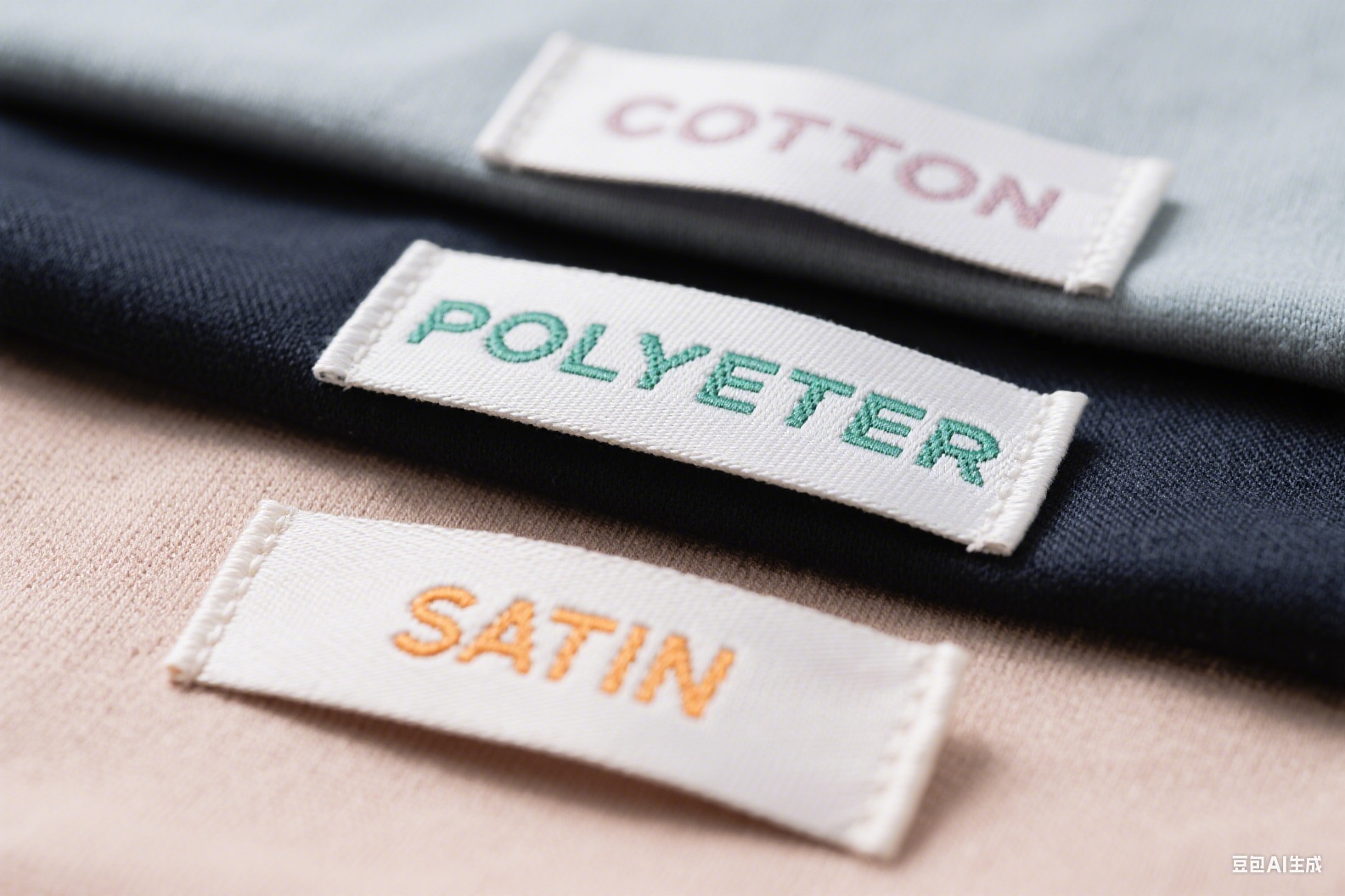 Cotton, polyester, satin woven label tags on fabric swatches.