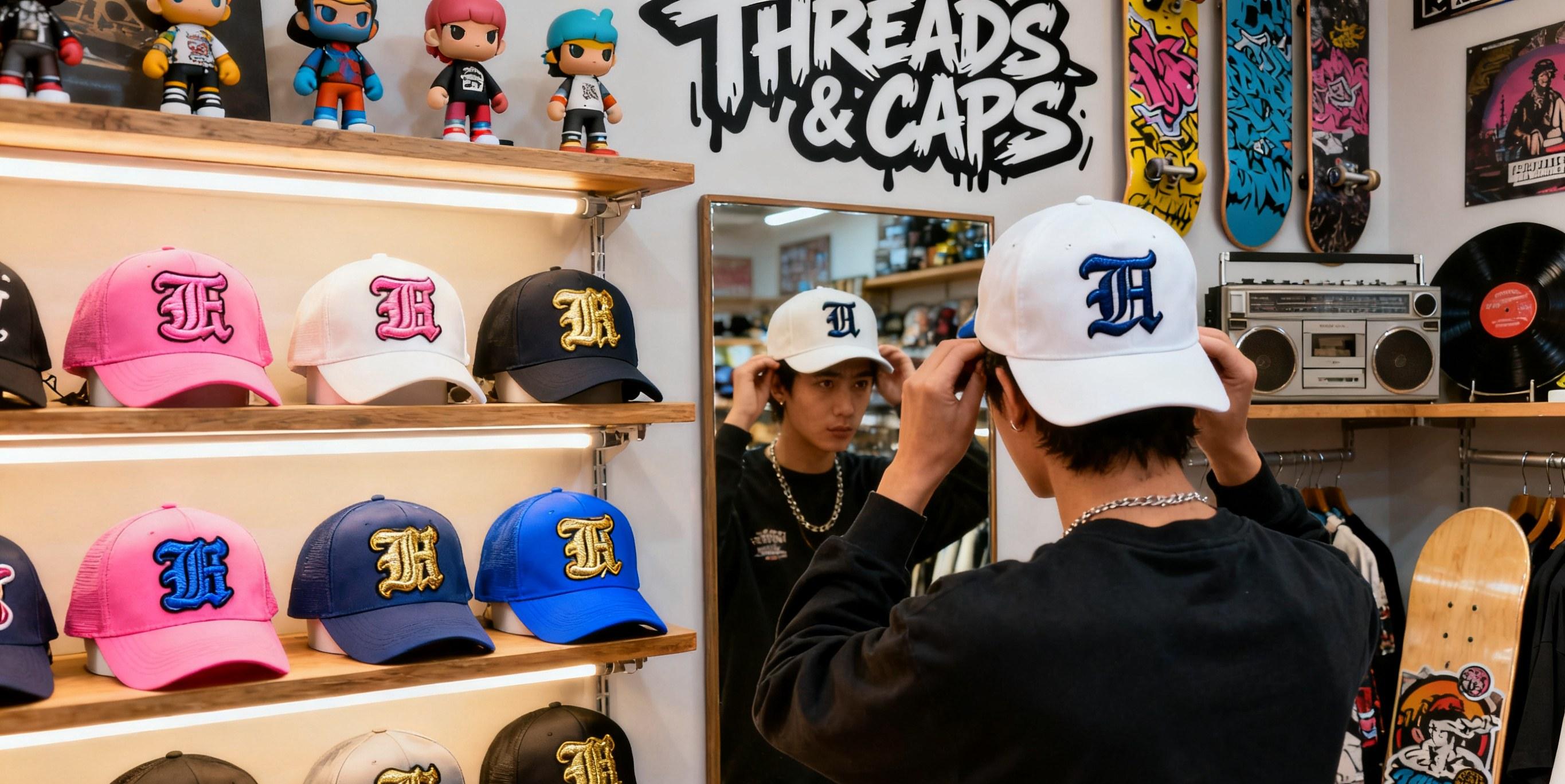 embroidered patch hats displayed in streetwear store
