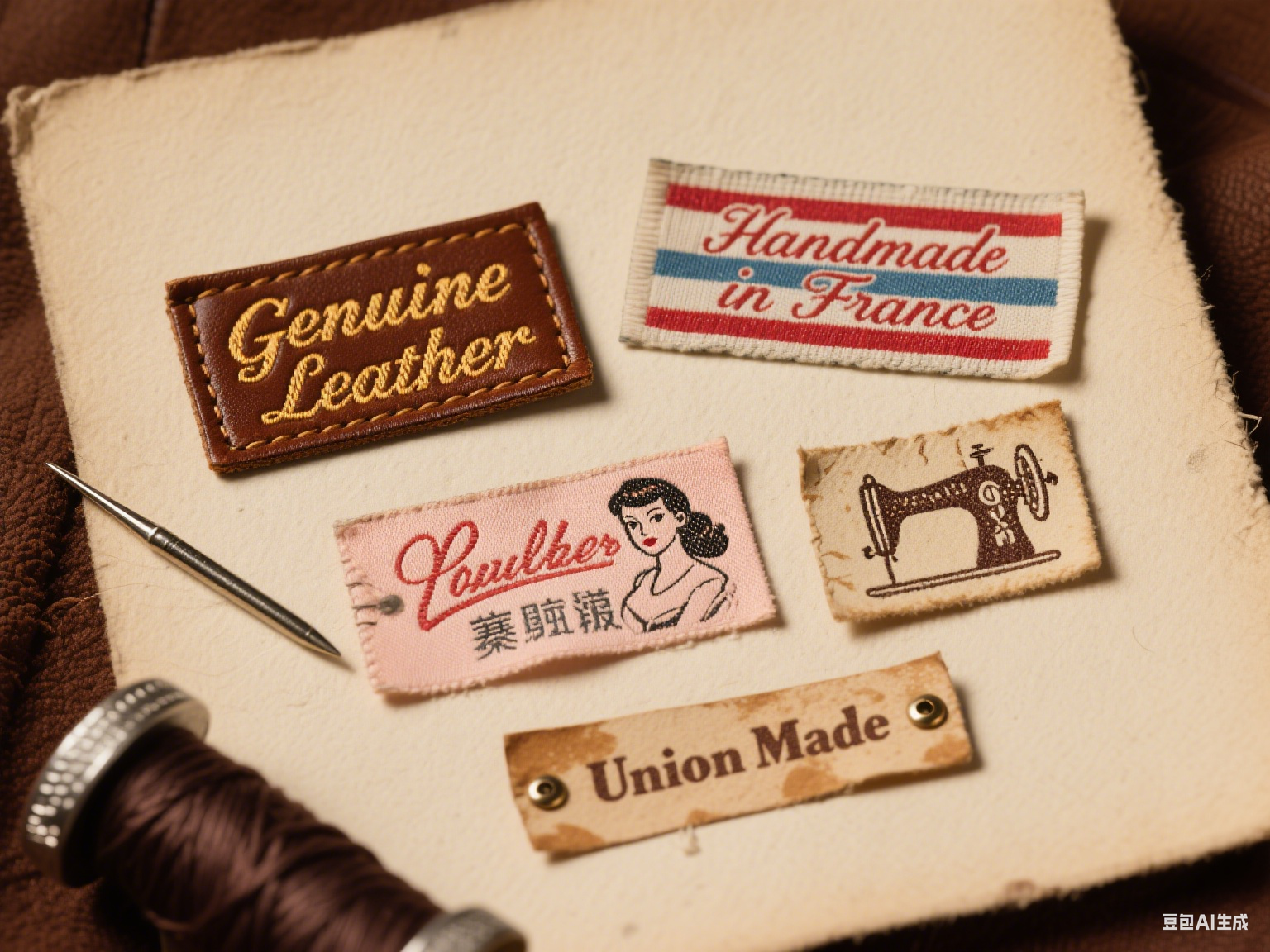 The 'Vintage Labels' image captures a nostalgic collection of mid-20th century garment tags arranged on aged cream paper, bathed in warm sepia lighting that evokes a bygone era. 