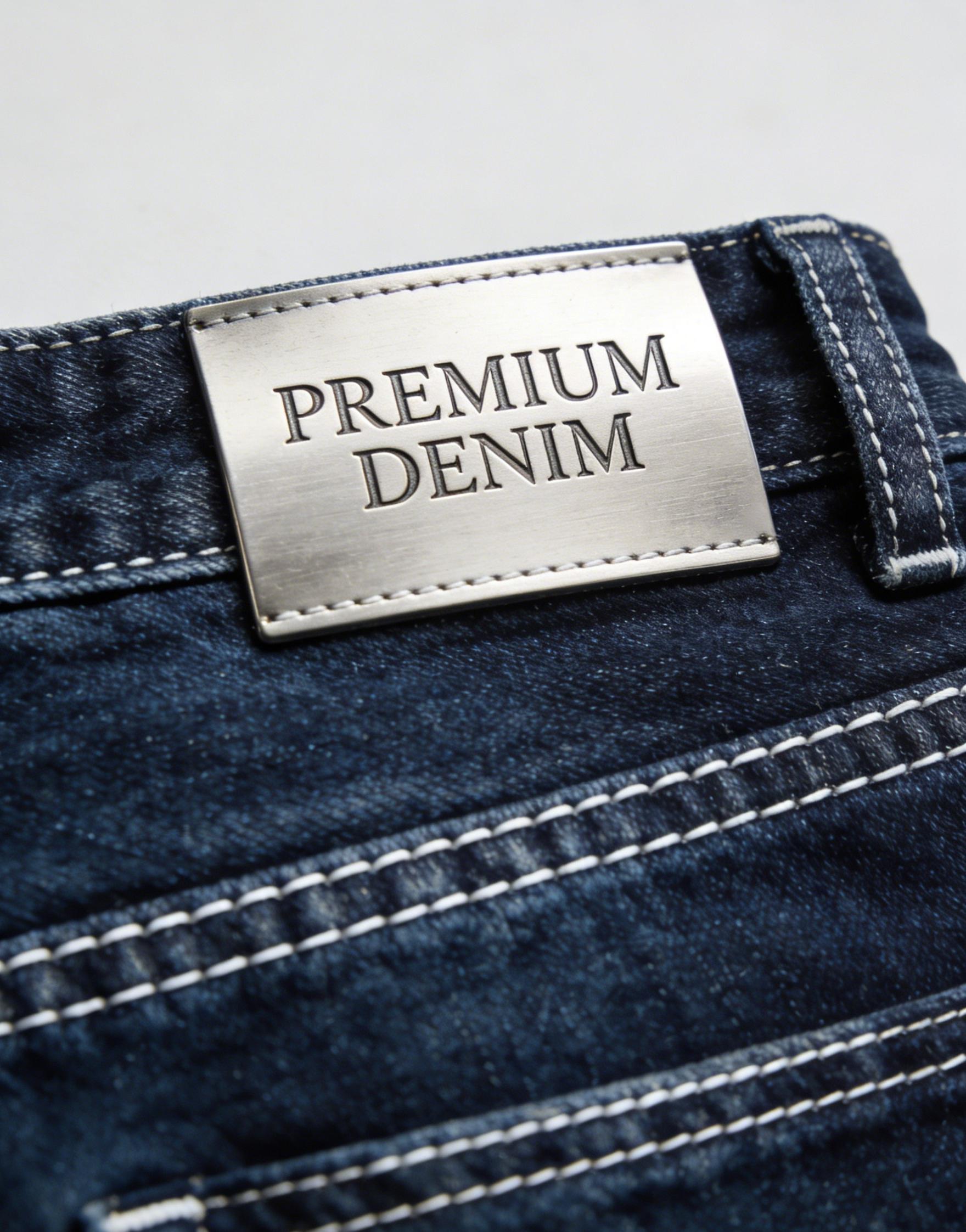 Metal brand label on premium denim clothing