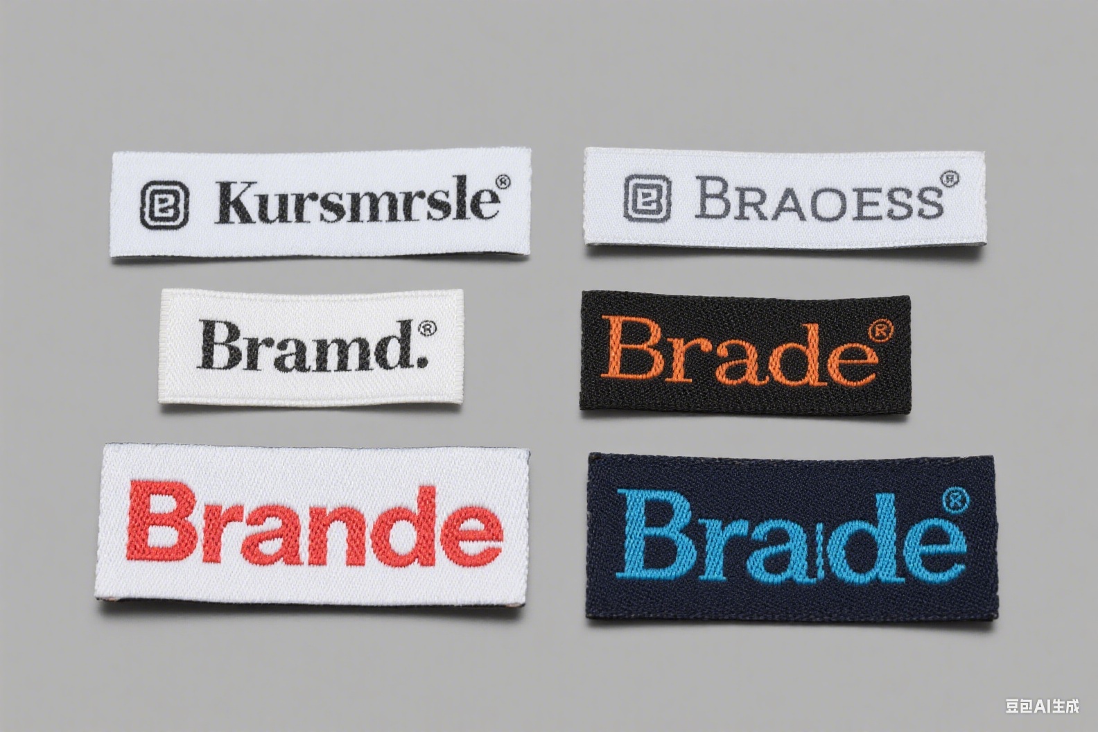 Custom garment labels with varied fonts and brand-matching colors.